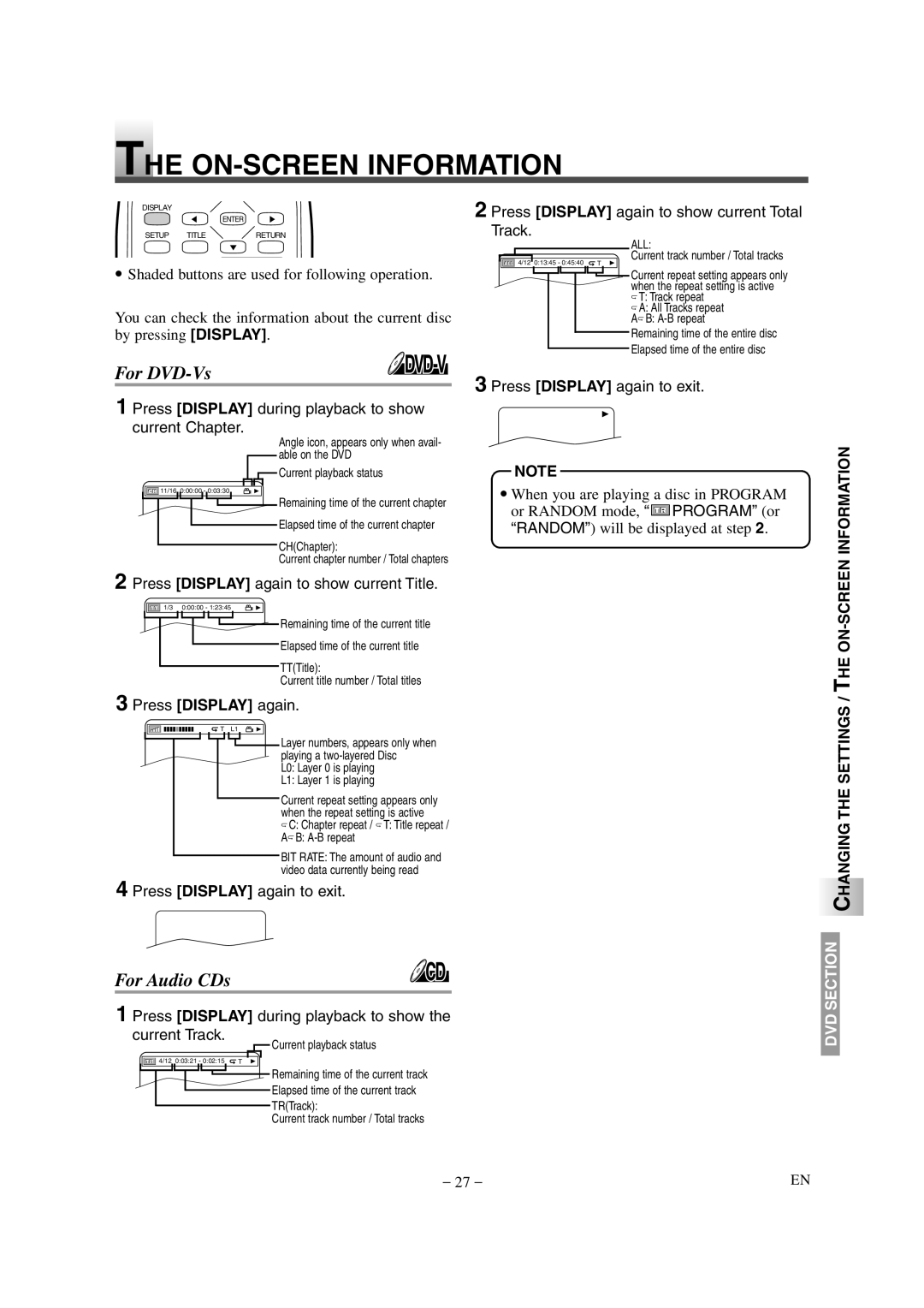 Emerson EWL20D6 owner manual ON-SCREEN Information, Changing the Settings / the ON-SCREEN 