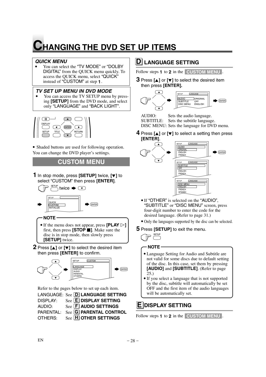 Emerson EWL20D6 owner manual Changing the DVD SET UP Items, Custom Menu, Language Setting, Display Setting 