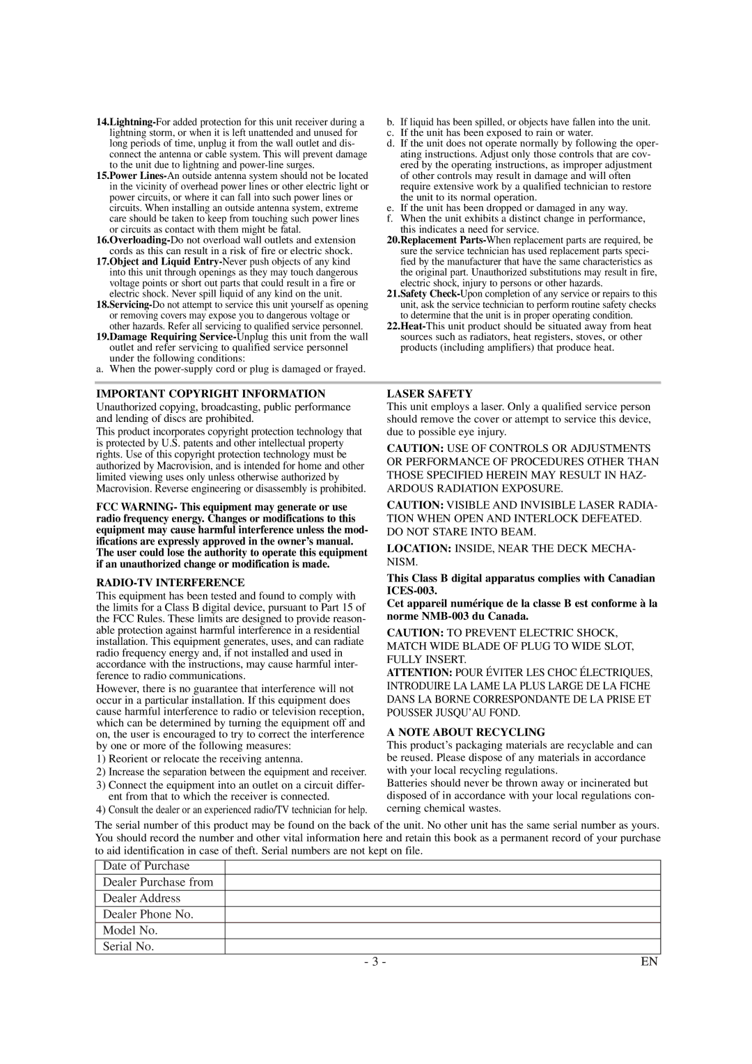 Emerson EWL20D6 owner manual Important Copyright Information 