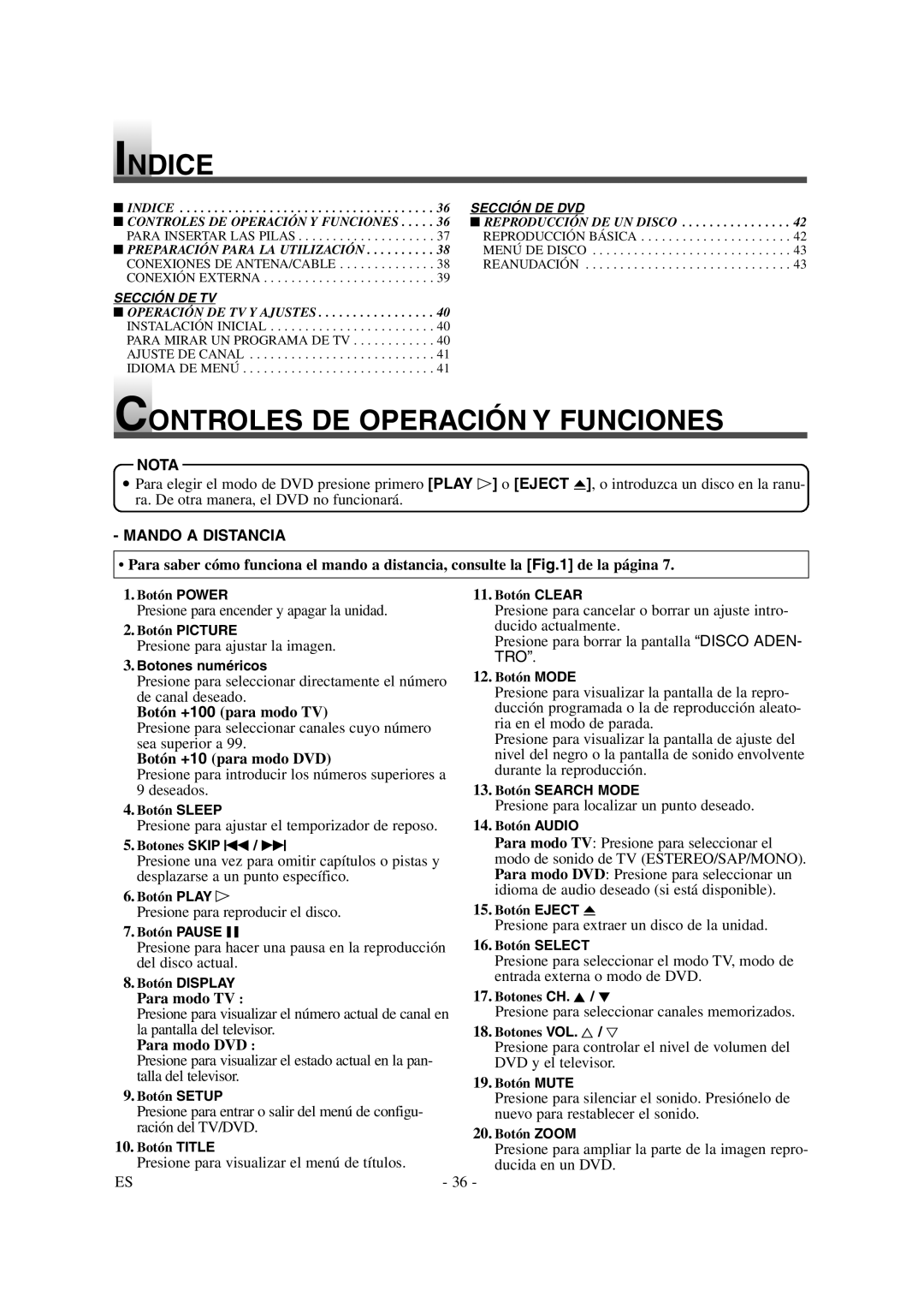 Emerson EWL20D6 owner manual Indice, Controles DE Operación Y Funciones, Nota, Mando a Distancia 