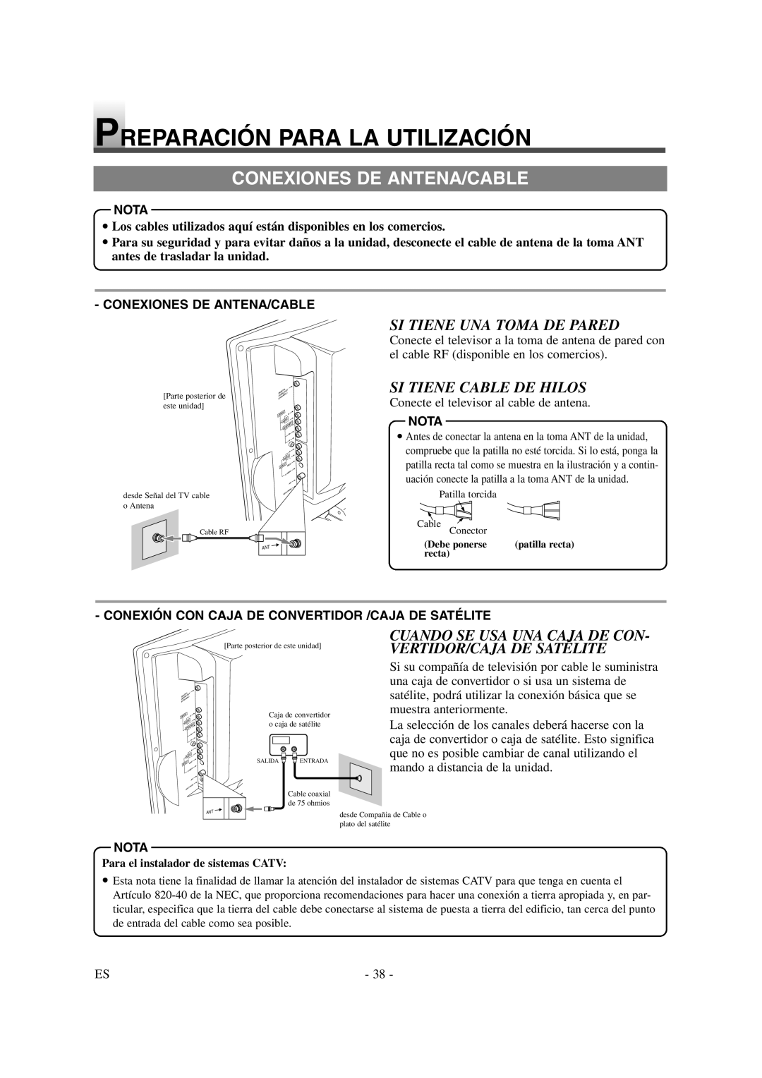 Emerson EWL20D6 owner manual Preparación Para LA Utilización, Conexiones DE ANTENA/CABLE, SI Tiene UNA Toma DE Pared 