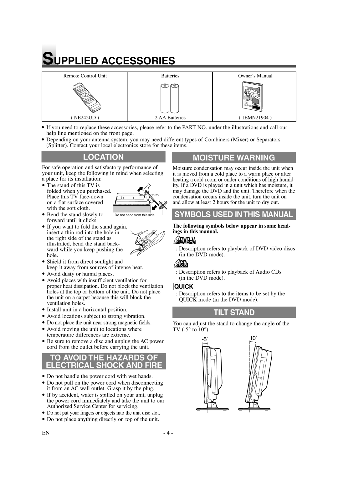 Emerson EWL20D6 owner manual Supplied Accessories, Location, Moisture Warning, Symbols Used in this Manual, Tilt Stand 