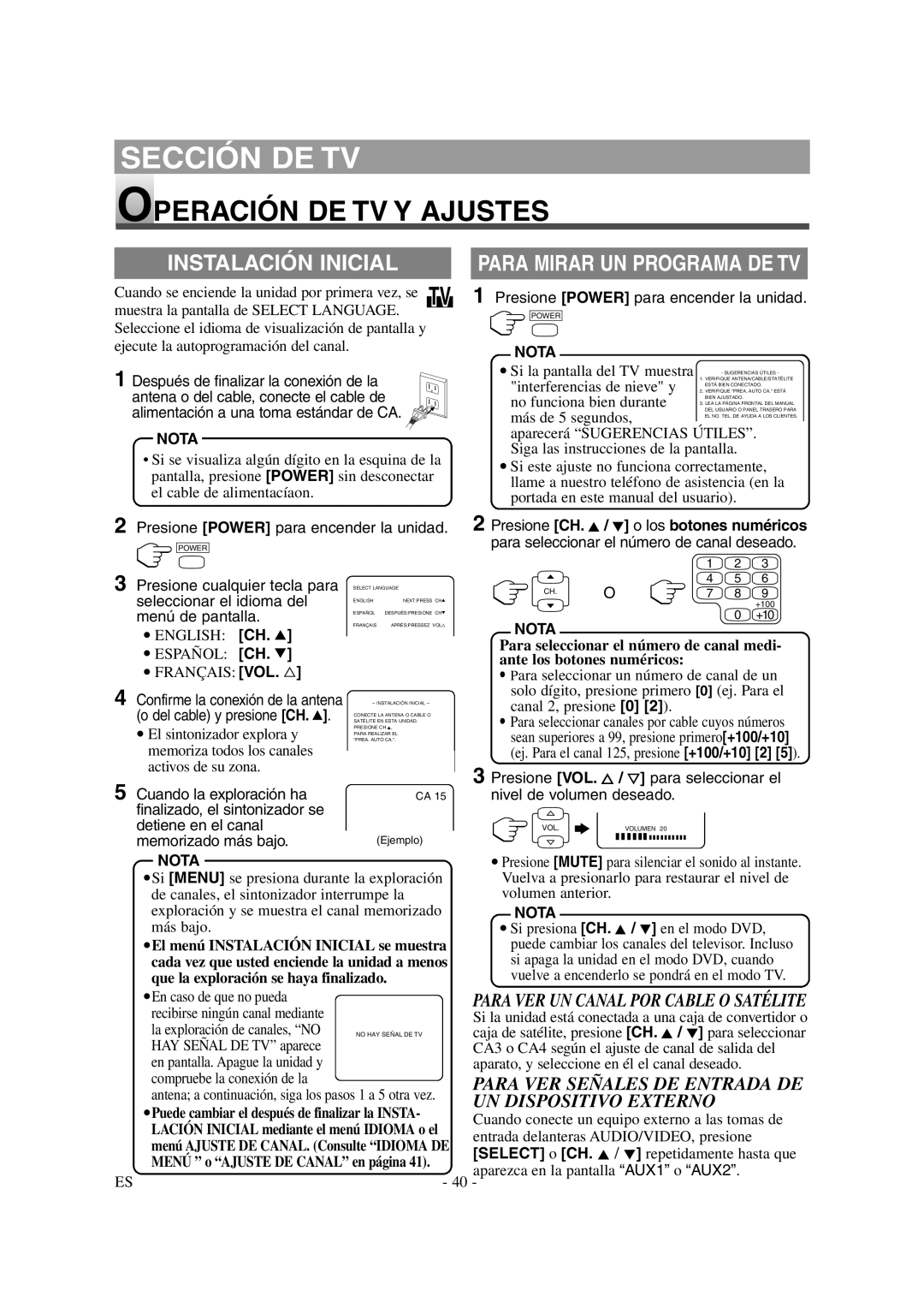 Emerson EWL20D6 owner manual Operación DE TV Y Ajustes, Instalación Inicial, Para VER UN Canal POR Cable O Satélite 