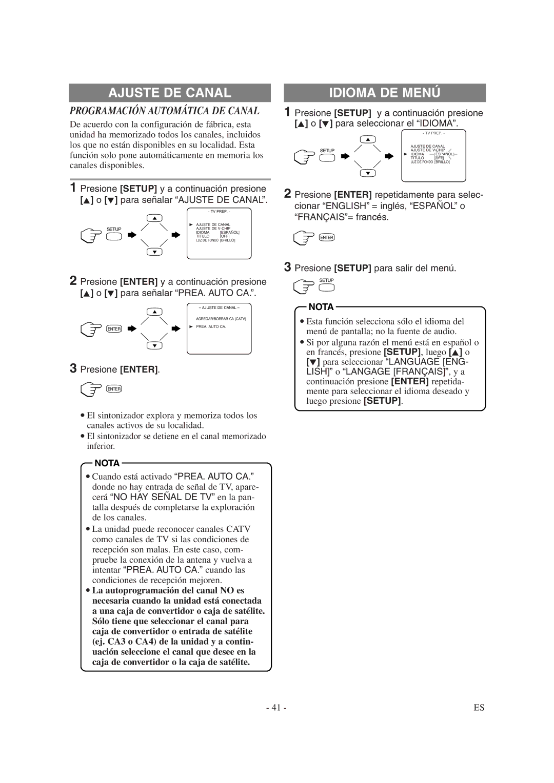 Emerson EWL20D6 owner manual Ajuste DE Canal, Idioma DE Menú, Presione Enter, Lish o Langage FRANÇAIS, y a 