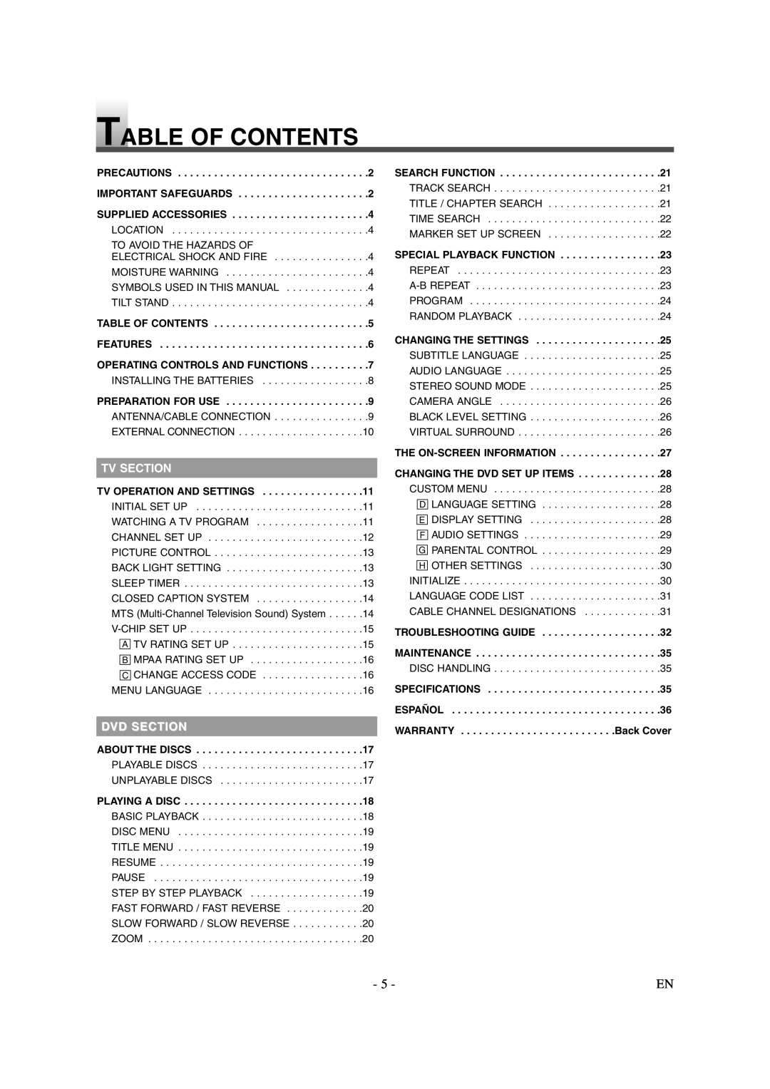 Emerson EWL20D6 owner manual Table of Contents 