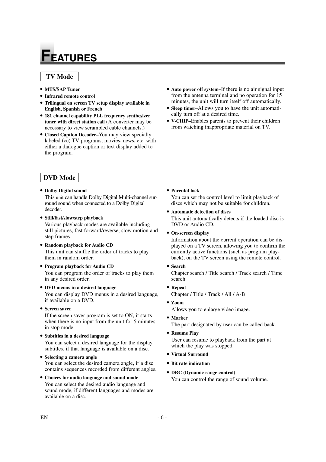 Emerson EWL20D6 owner manual Features, TV Mode 