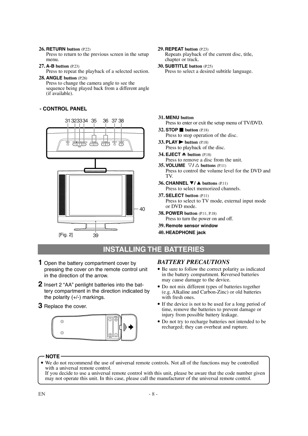 Emerson EWL20D6 owner manual Installing the Batteries, Battery Precautions, Control Panel 