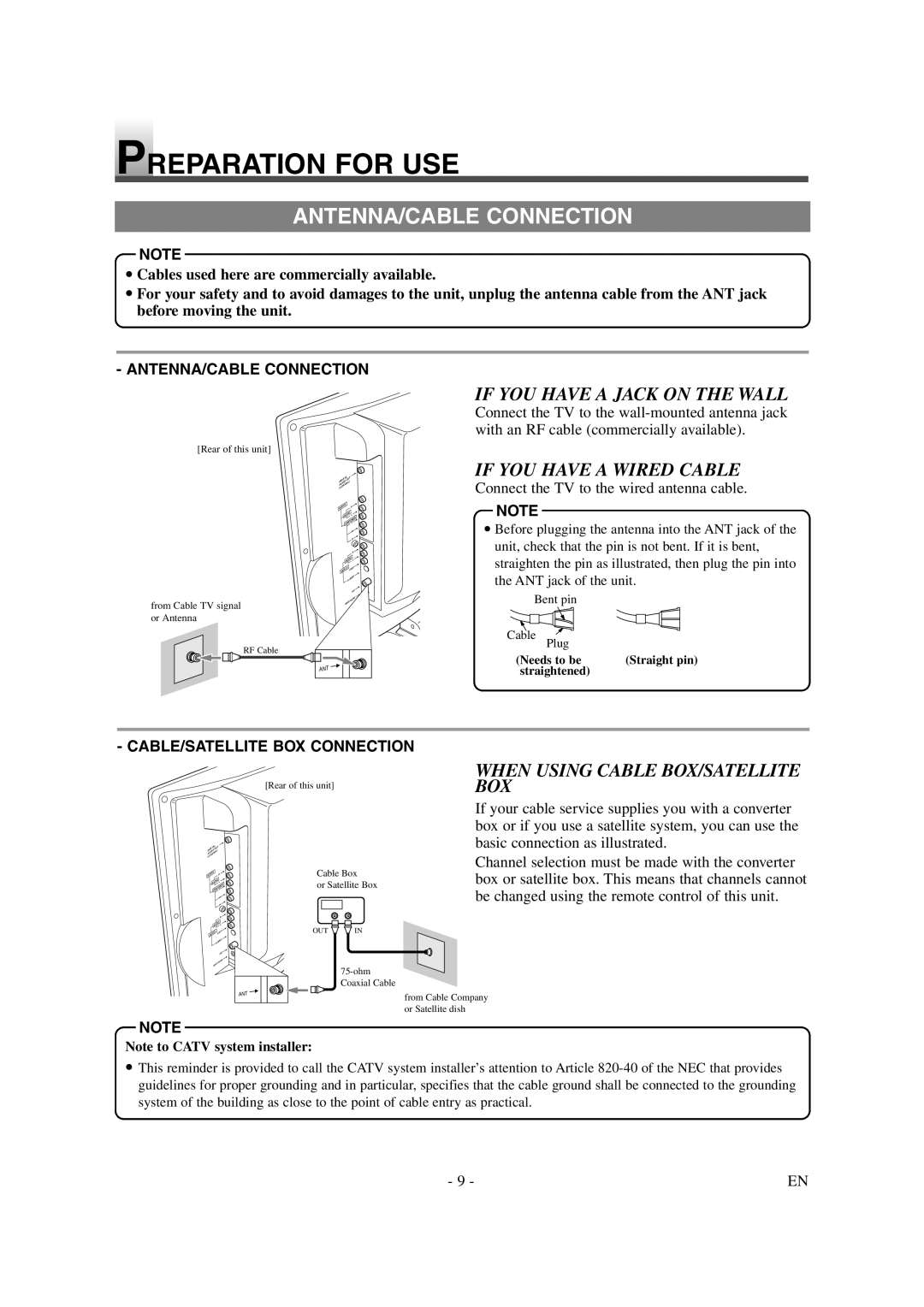 Emerson EWL20D6 Preparation for USE, ANTENNA/CABLE Connection, If YOU have a Jack on the Wall, If YOU have a Wired Cable 