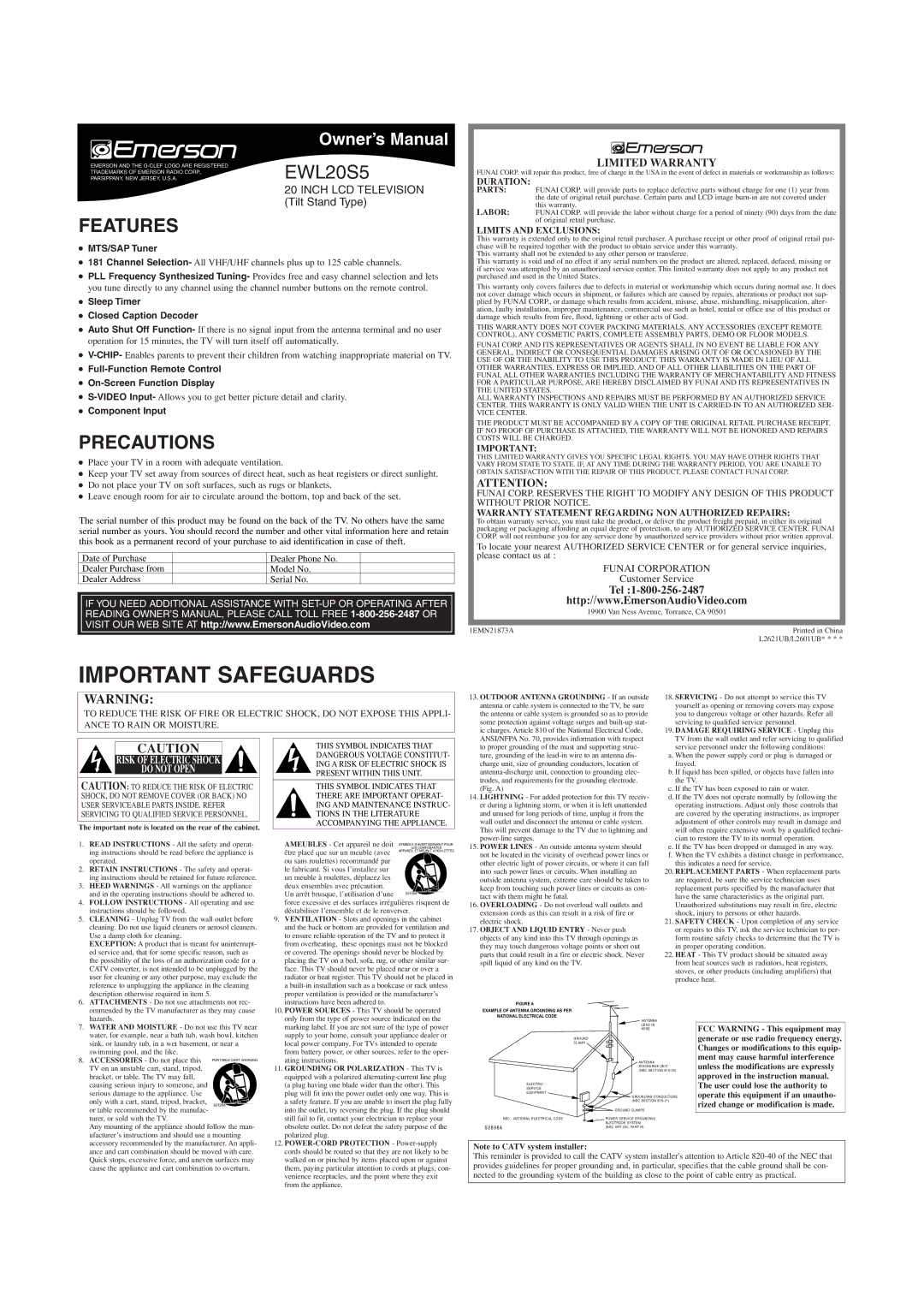 Emerson EWL20S5 owner manual Features, Precautions, Limited Warranty, Tel 