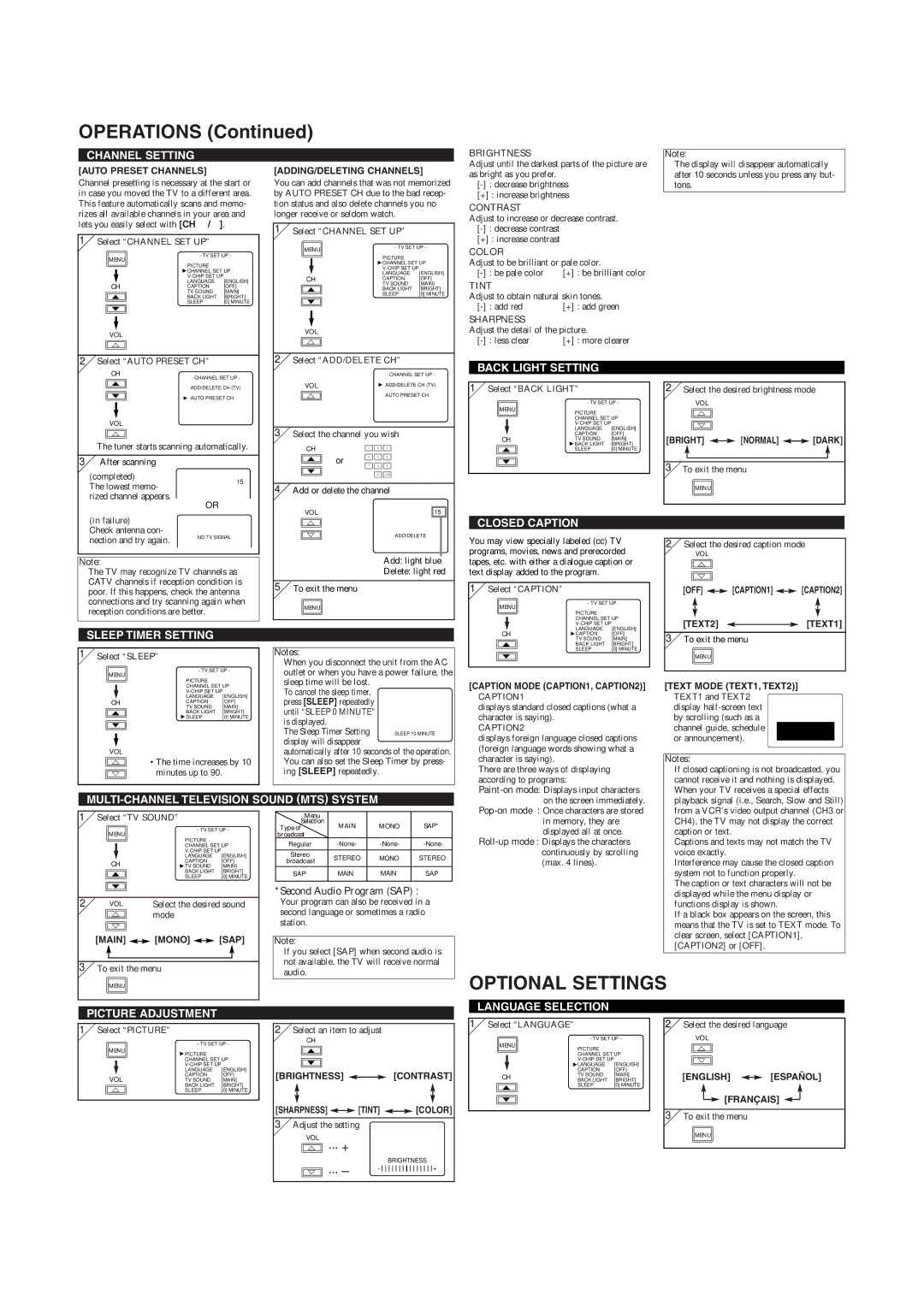 Emerson EWL20S5 owner manual Operations, Optional Settings 