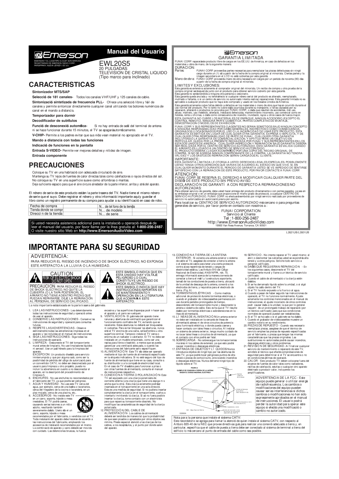 Emerson EWL20S5 owner manual Caracteristicas, Precauciones, Garantia Limitada, Atencion, Tel 