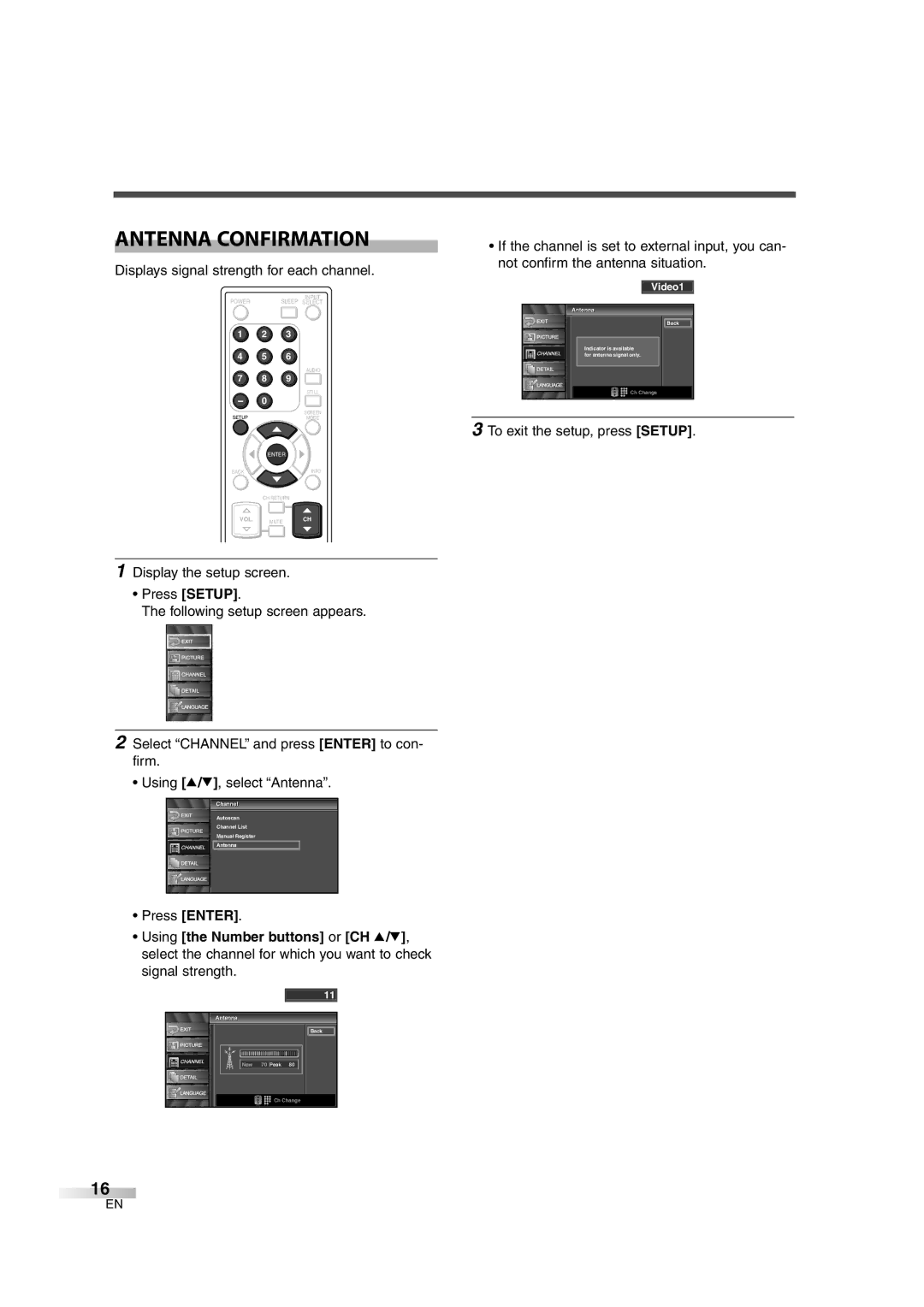 Emerson EWL3706 A owner manual Antenna Confirmation, Displays signal strength for each channel 