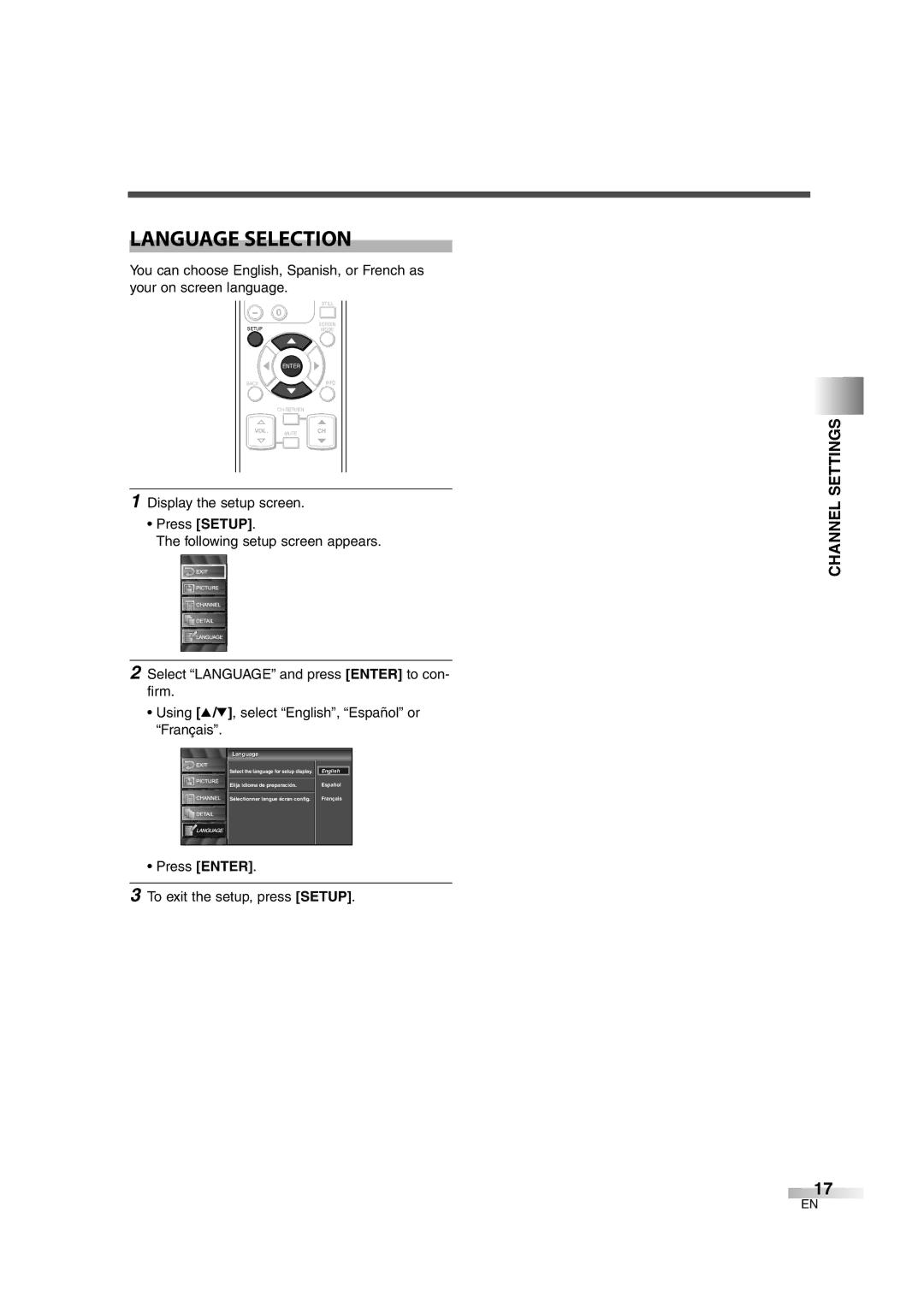 Emerson EWL3706 A owner manual Language Selection, Press Enter To exit the setup, press Setup 