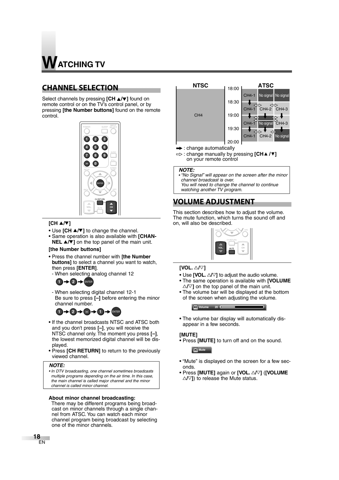 Emerson EWL3706 A owner manual Watching TV Channel Selection, Volume Adjustment, Ntsc, Atsc, Mute 