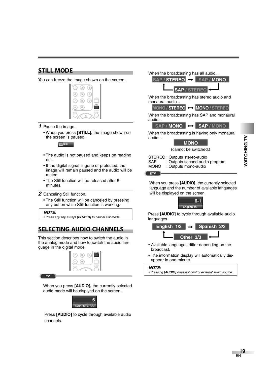 Emerson EWL3706 A owner manual Still Mode, Selecting Audio Channels 