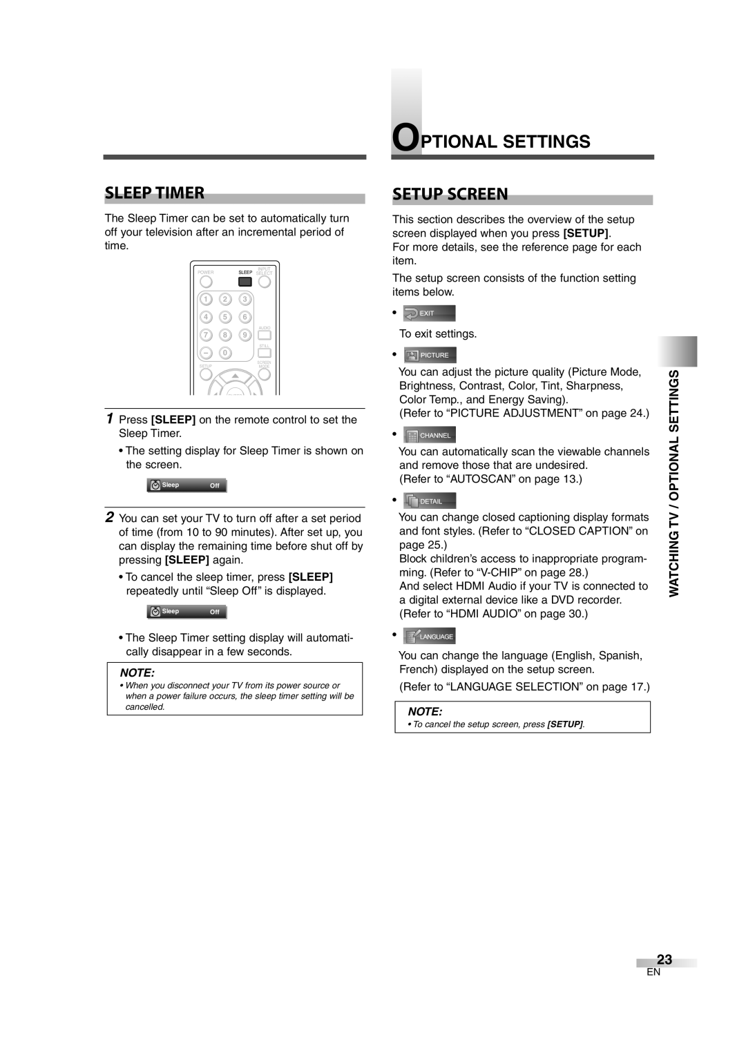 Emerson EWL3706 A owner manual Sleep Timer, Optional Settings Setup Screen, Watching TV / Optional Settings 