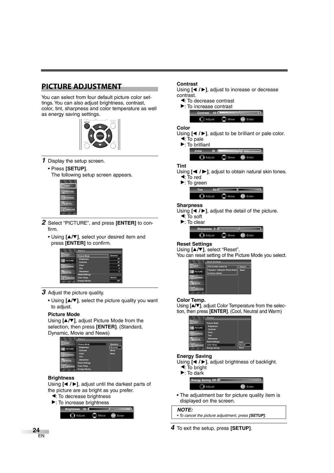 Emerson EWL3706 A owner manual Picture Adjustment 