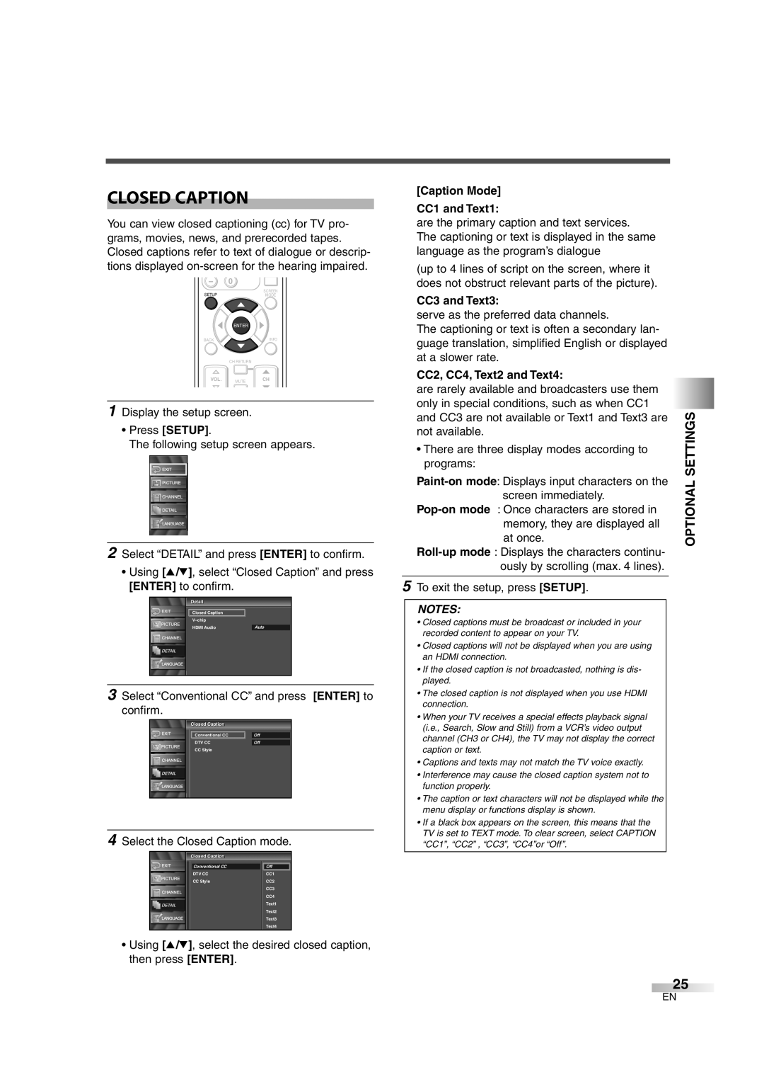 Emerson EWL3706 A owner manual Closed Caption, Caption Mode CC1 and Text1, CC3 and Text3, CC2, CC4, Text2 and Text4 