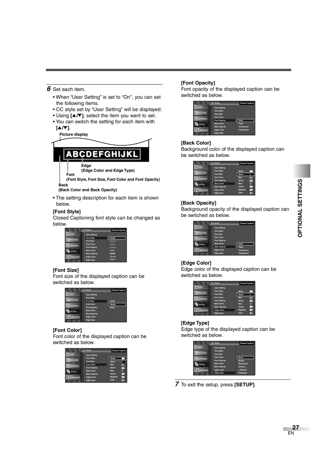 Emerson EWL3706 A owner manual Optional Settings 