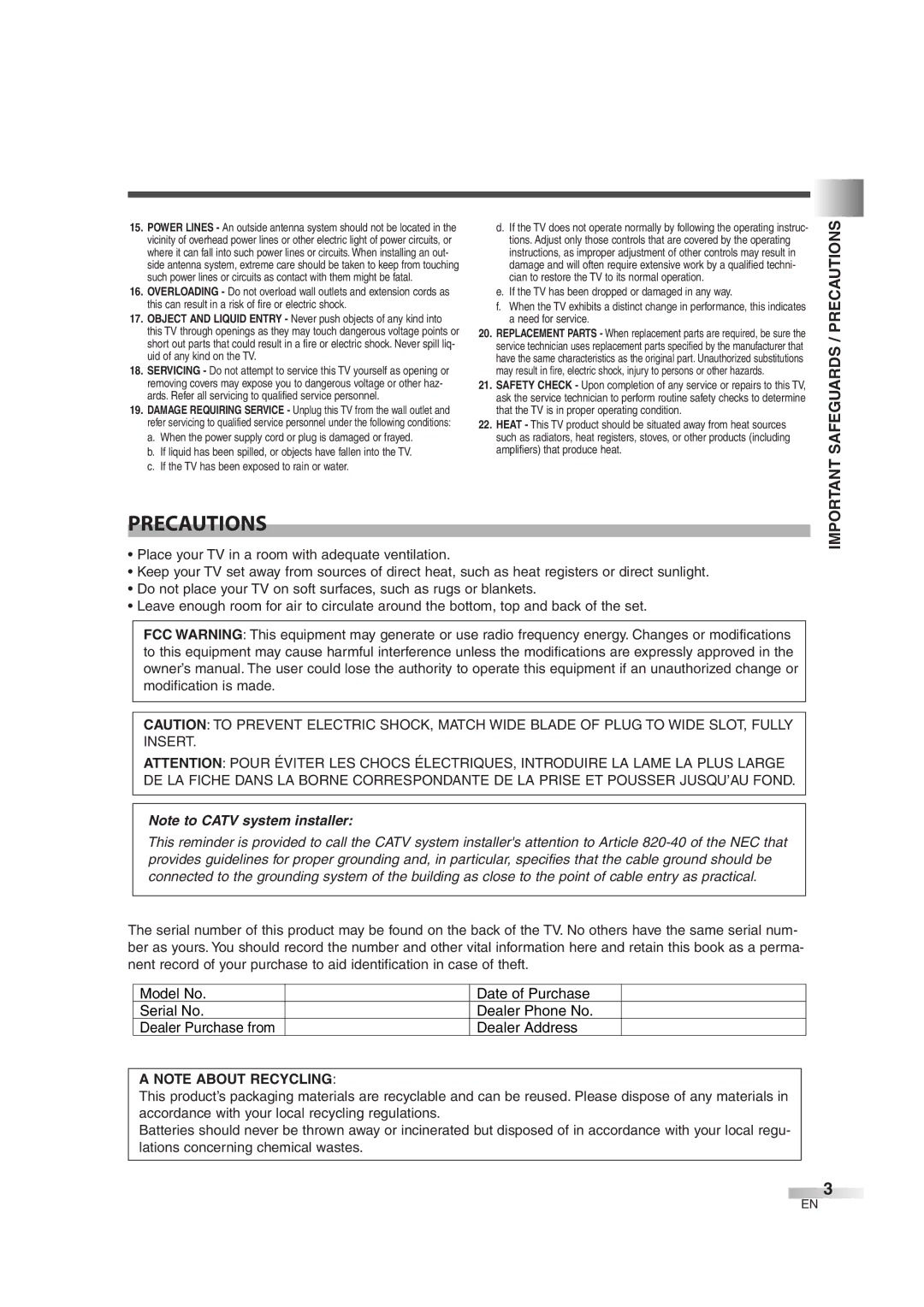 Emerson EWL3706 A owner manual Important Safeguards / Precautions, Dealer Purchase from 