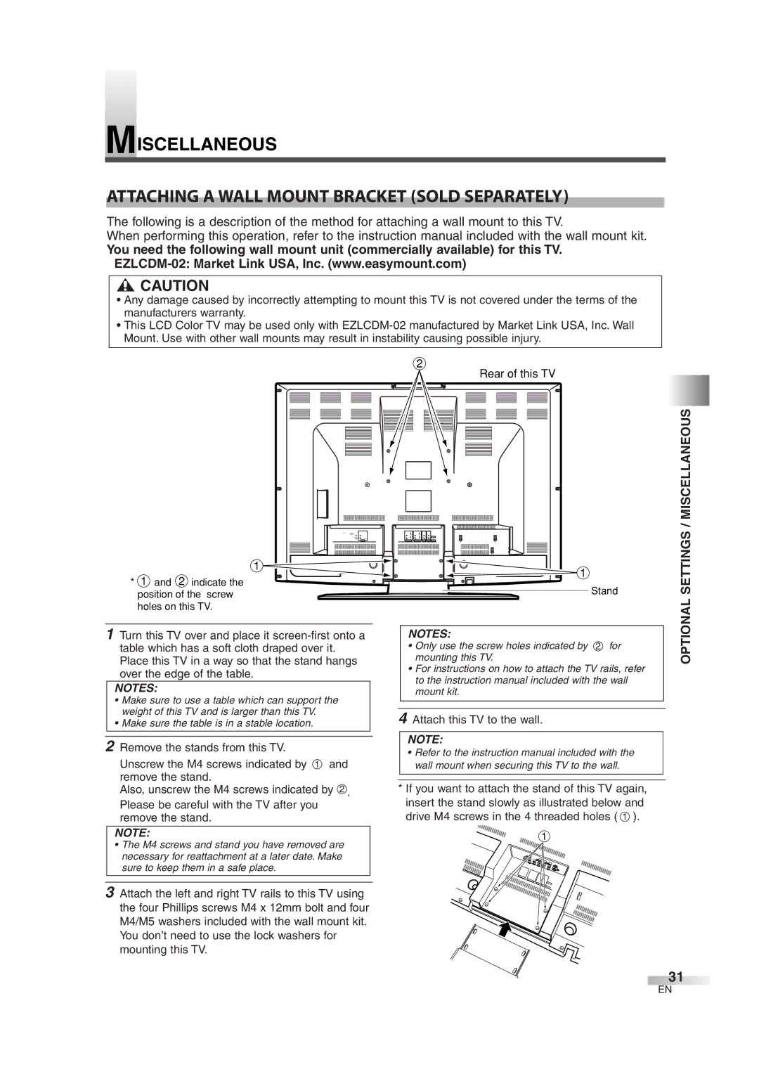 Emerson EWL3706 A owner manual Settings / Miscellaneous, Attach this TV to the wall 