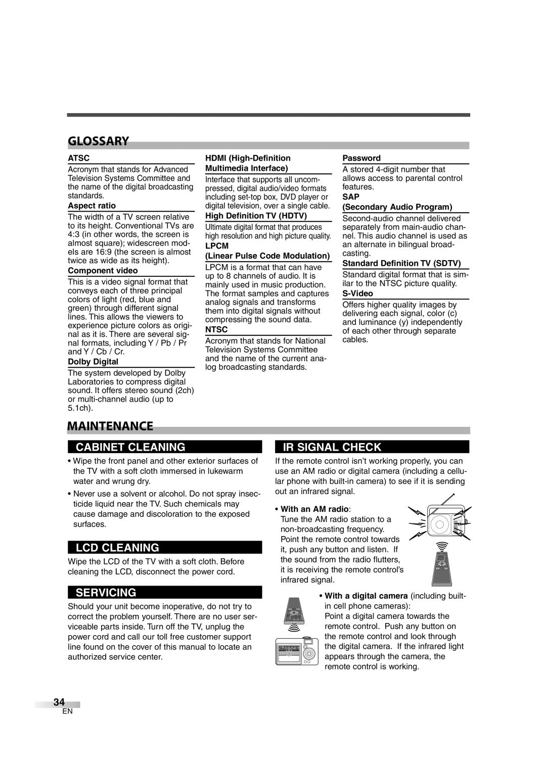 Emerson EWL3706 A owner manual Glossary, Maintenance 