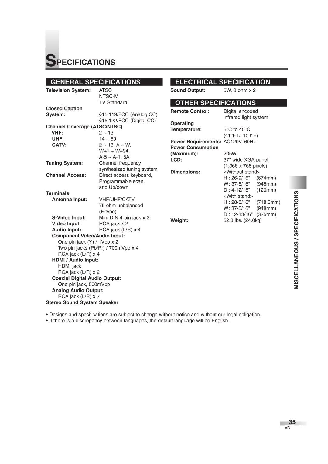 Emerson EWL3706 A owner manual Miscellaneous / Specifications, Vhf Uhf, Catv, Lcd 