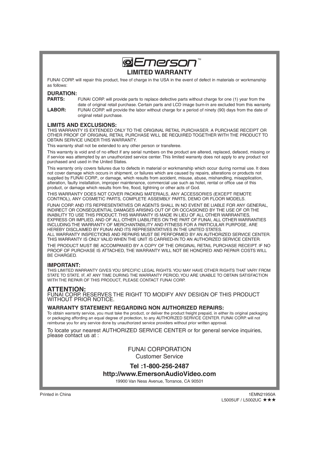 Emerson EWL3706 A owner manual Duration, Limits and Exclusions, Warranty Statement Regarding NON Authorized Repairs 