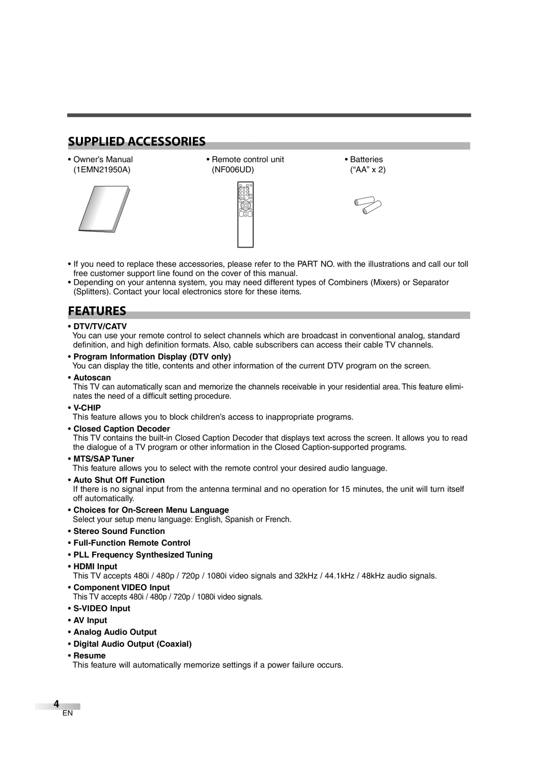 Emerson EWL3706 A owner manual Supplied Accessories, Features, Dtv/Tv/Catv, Chip 