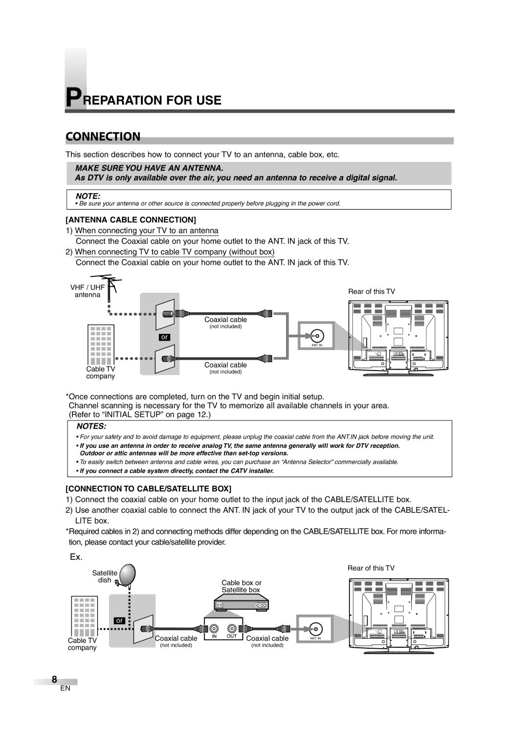 Emerson EWL3706 A Preparation for USE Connection, Antenna Cable Connection, Connection to CABLE/SATELLITE BOX 