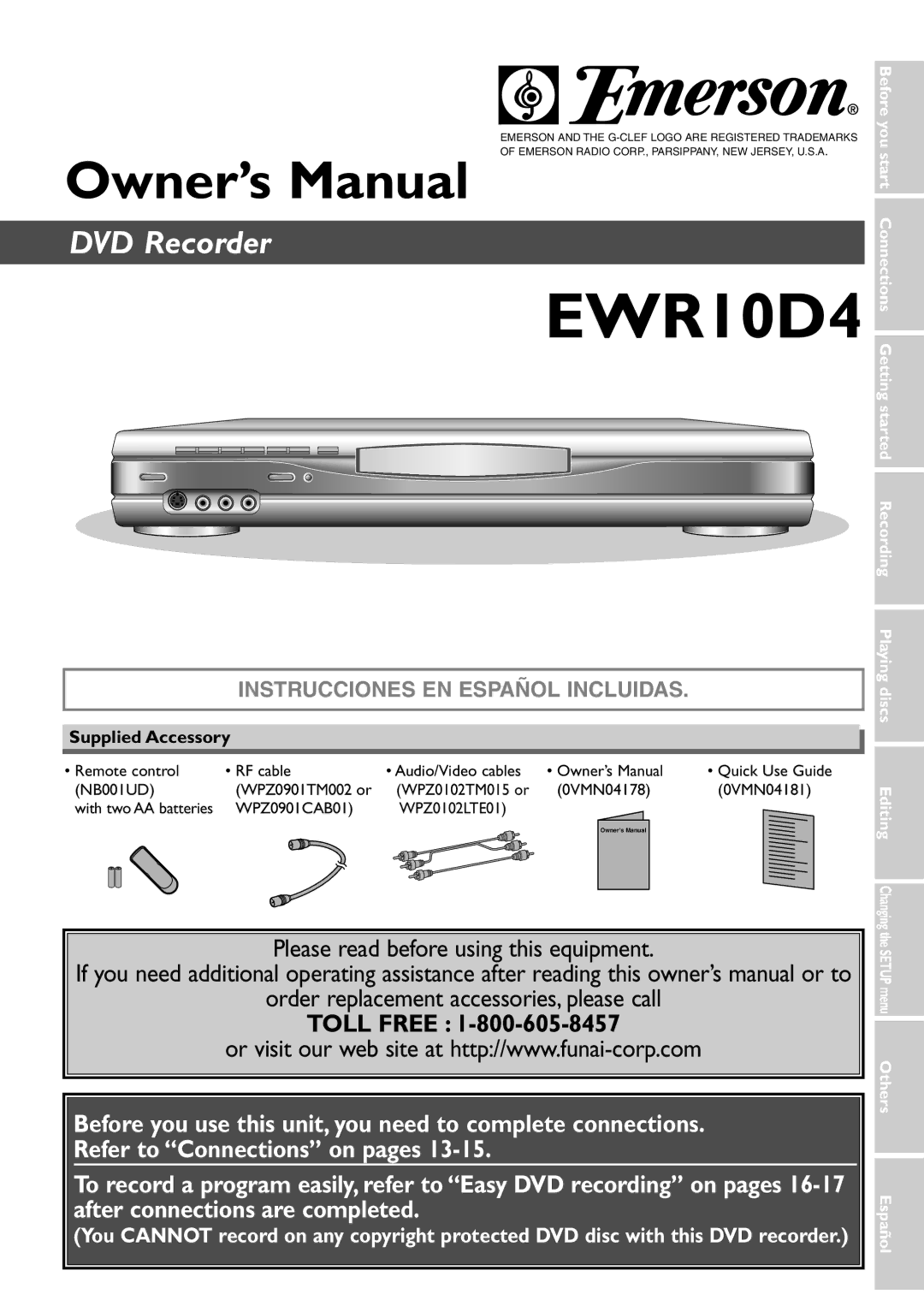 Emerson EWR10D4 owner manual Supplied Accessory, Editing Changing, Español 