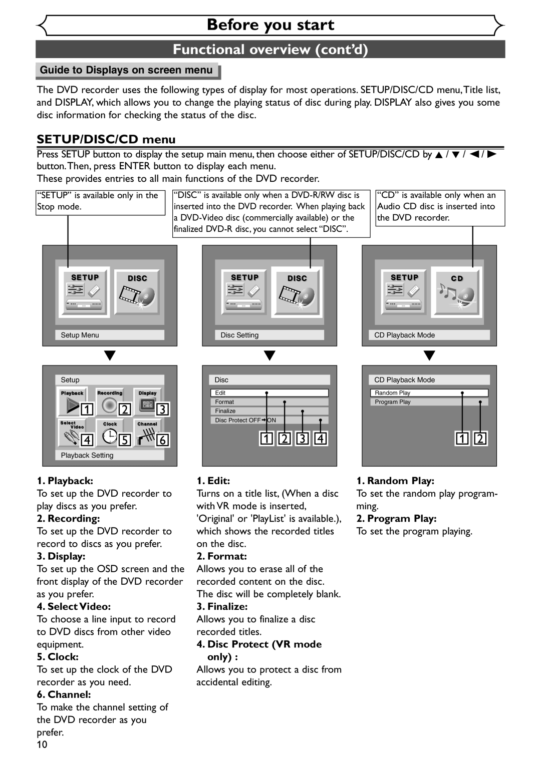 Emerson EWR10D4 owner manual SETUP/DISC/CD menu 