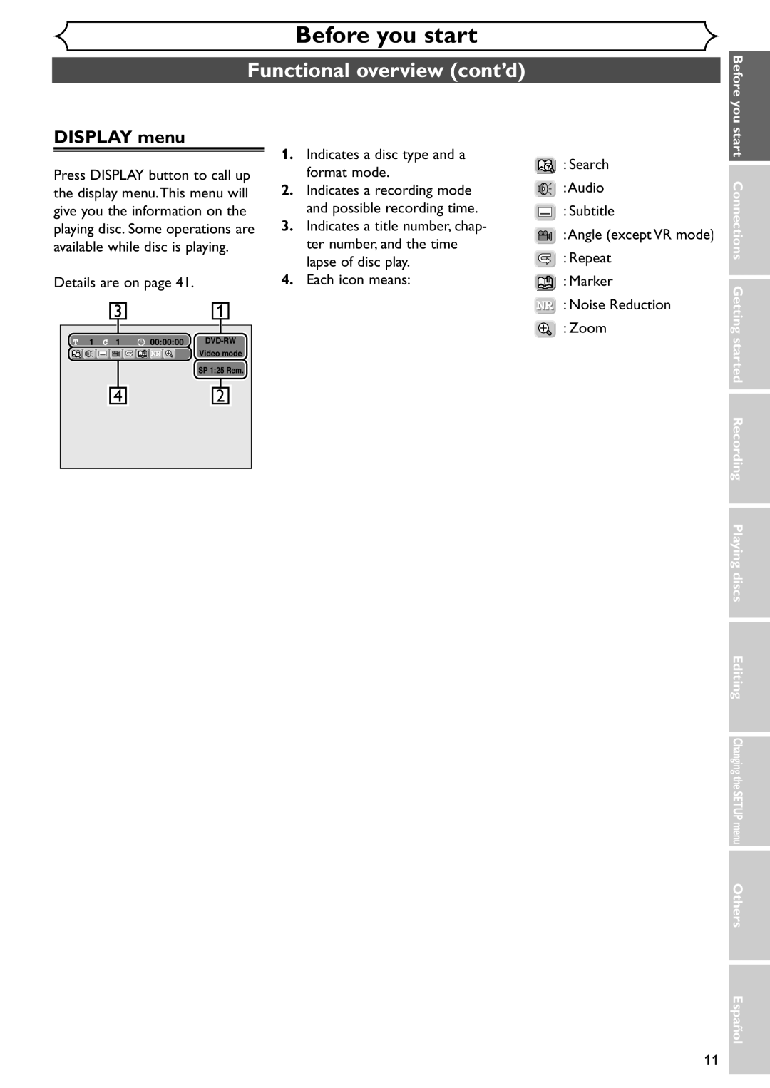 Emerson EWR10D4 owner manual Display menu, Details are on Indicates a disc type and a format mode, Repeat, Marker, Zoom 