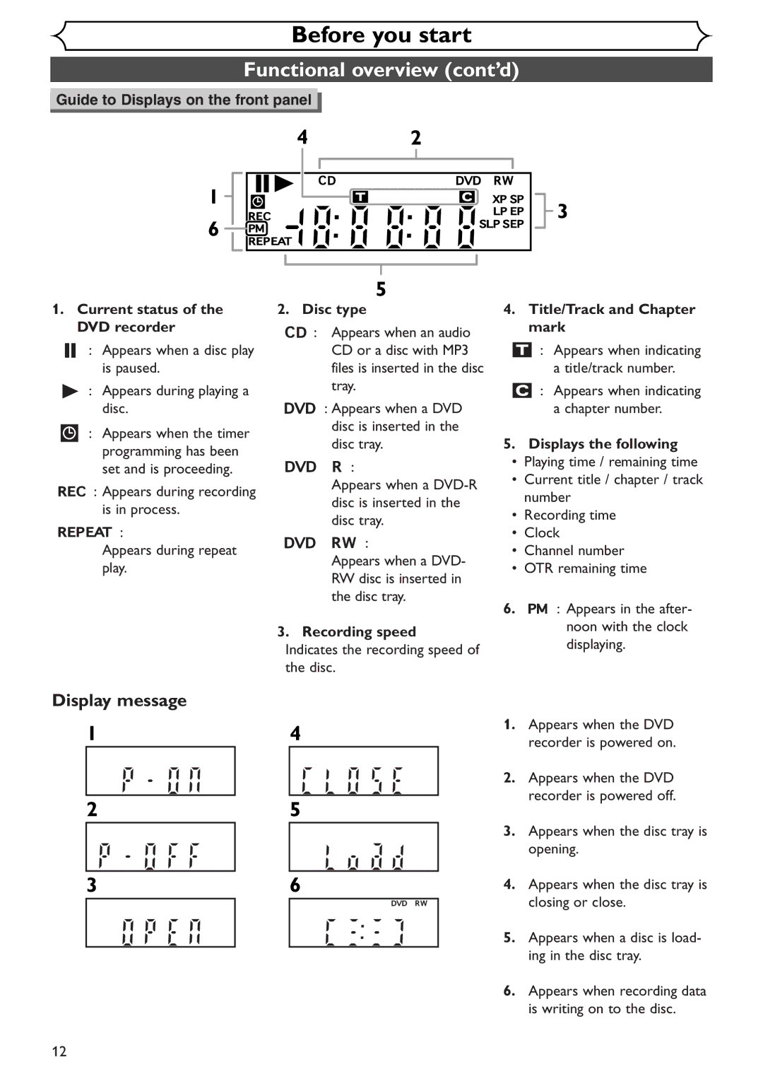 Emerson EWR10D4 Display message, Appears when an audio, Appears when a disc play CD or a disc with MP3 Is paused 