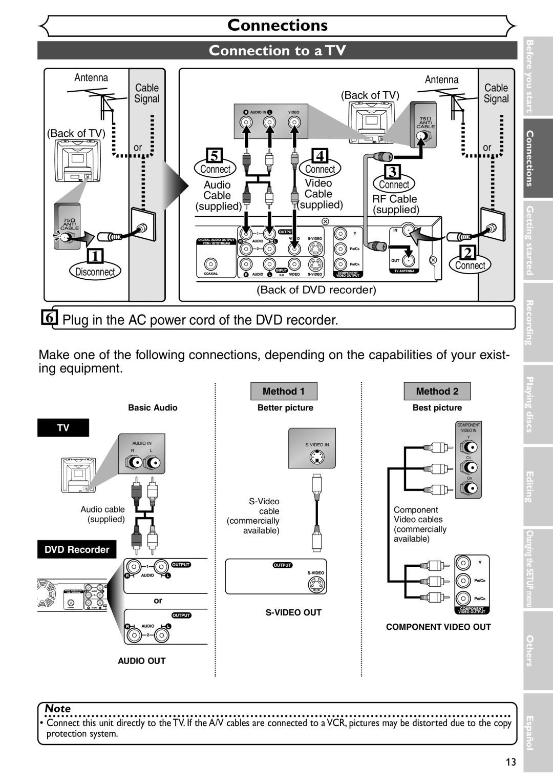 Emerson EWR10D4 Connection to a TV, Connections Getting, Started Recording Playing, Discs Editing Changing DVD Recorder 