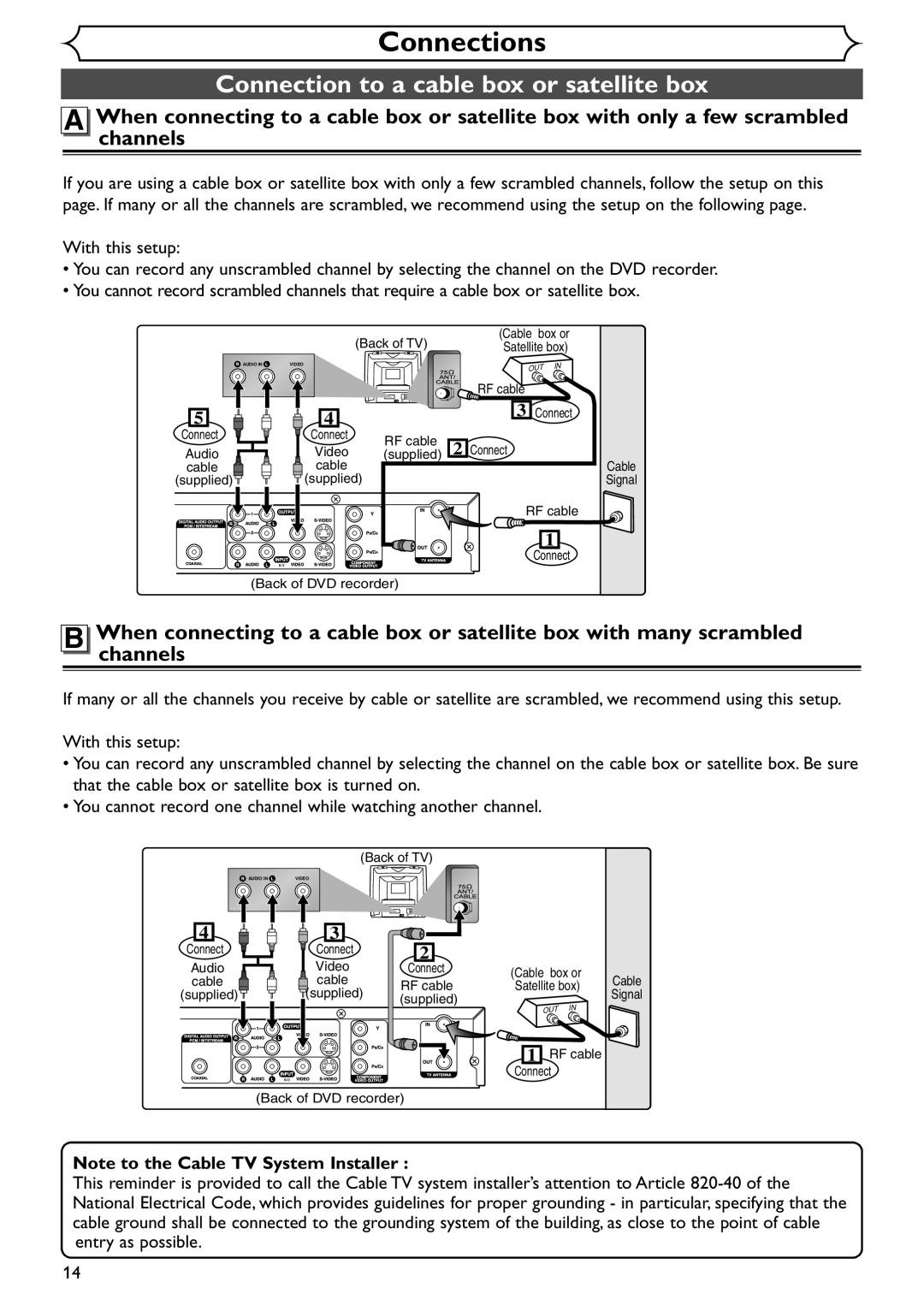 Emerson EWR10D4 owner manual Connection to a cable box or satellite box 