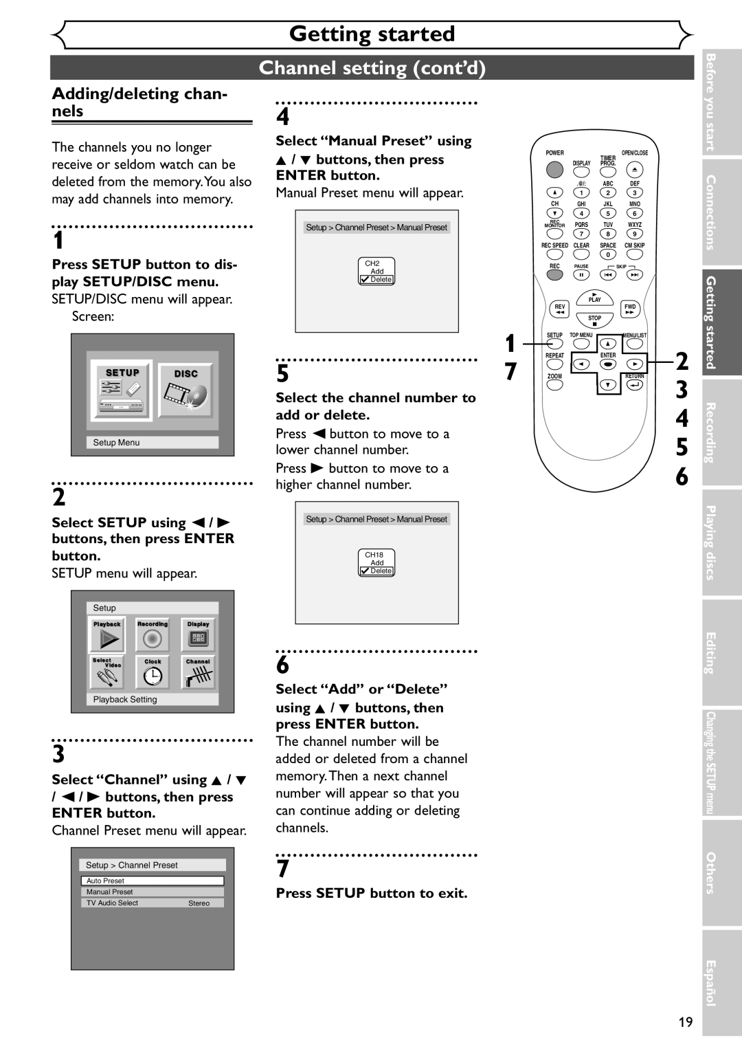 Emerson EWR10D4 owner manual Channel setting cont’d, Adding/deleting chan Nels, Select the channel number to add or delete 