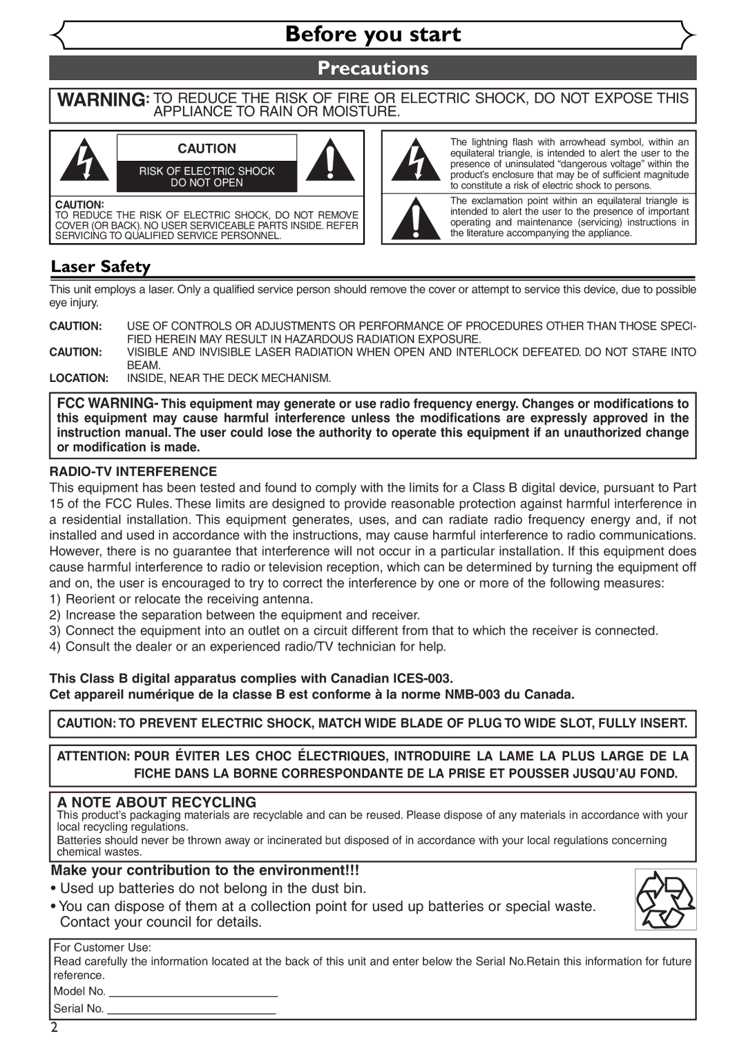 Emerson EWR10D4 owner manual Precautions, Laser Safety 