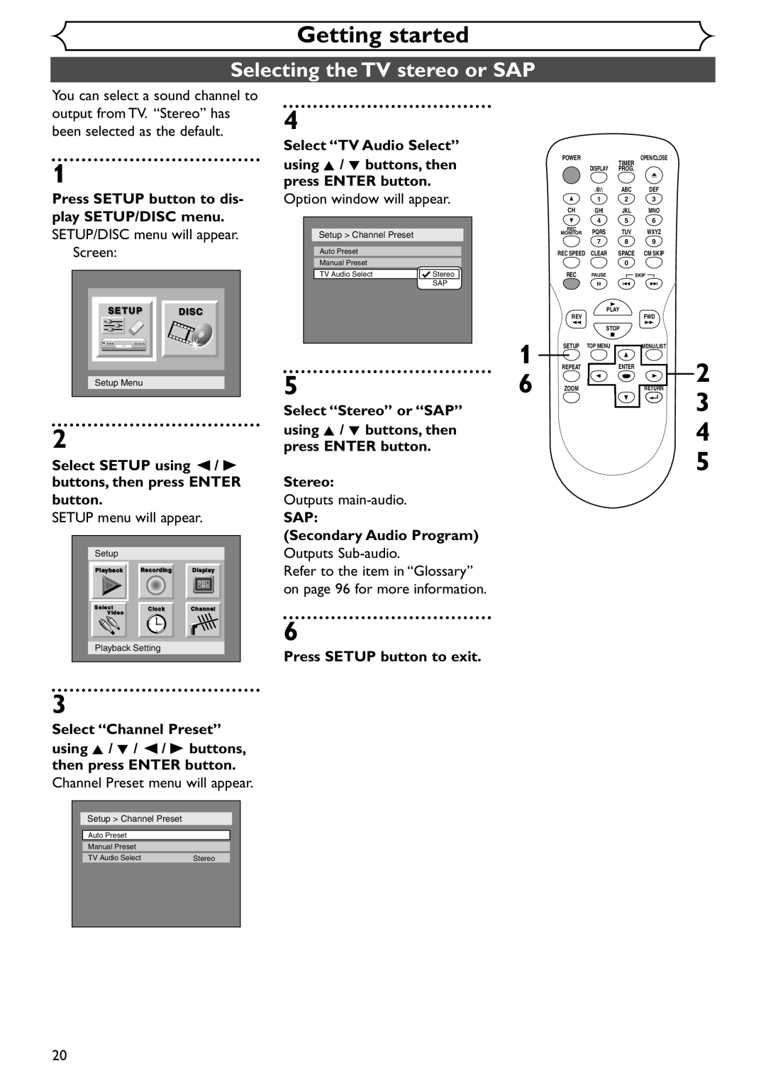 Emerson EWR10D4 Selecting the TV stereo or SAP, Option window will appear, Outputs main-audio, Secondary Audio Program 