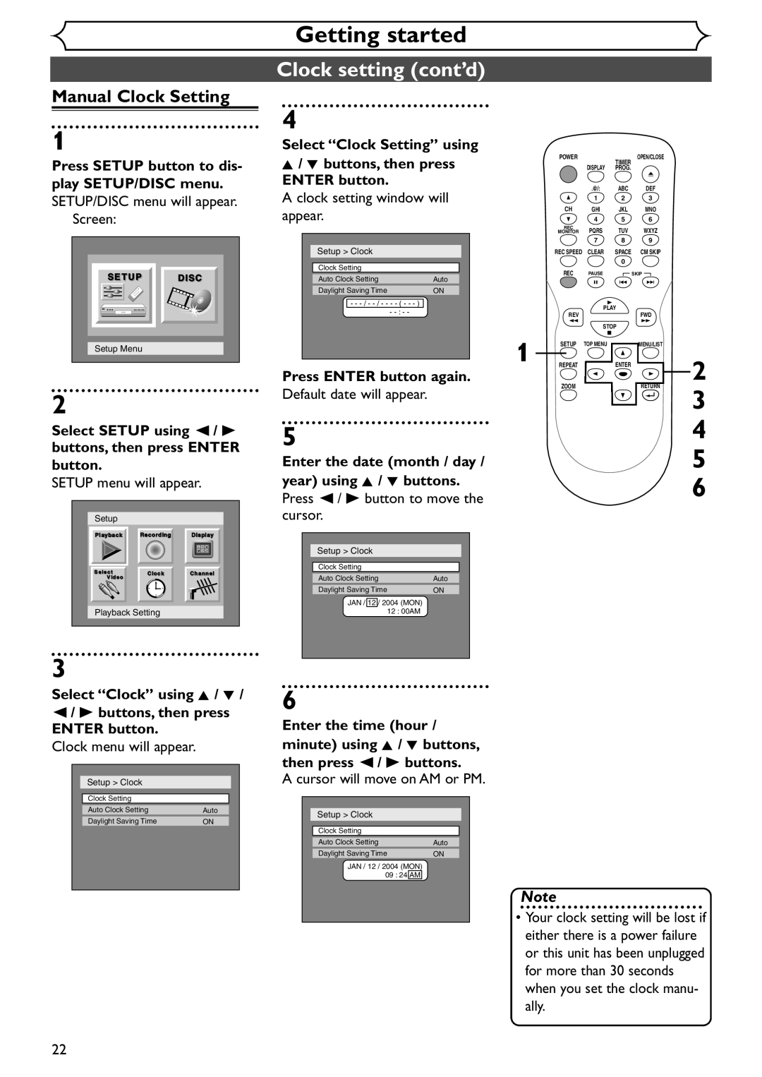 Emerson EWR10D4 owner manual Clock setting cont’d, Manual Clock Setting, Select Clock Setting using Buttons, then press 