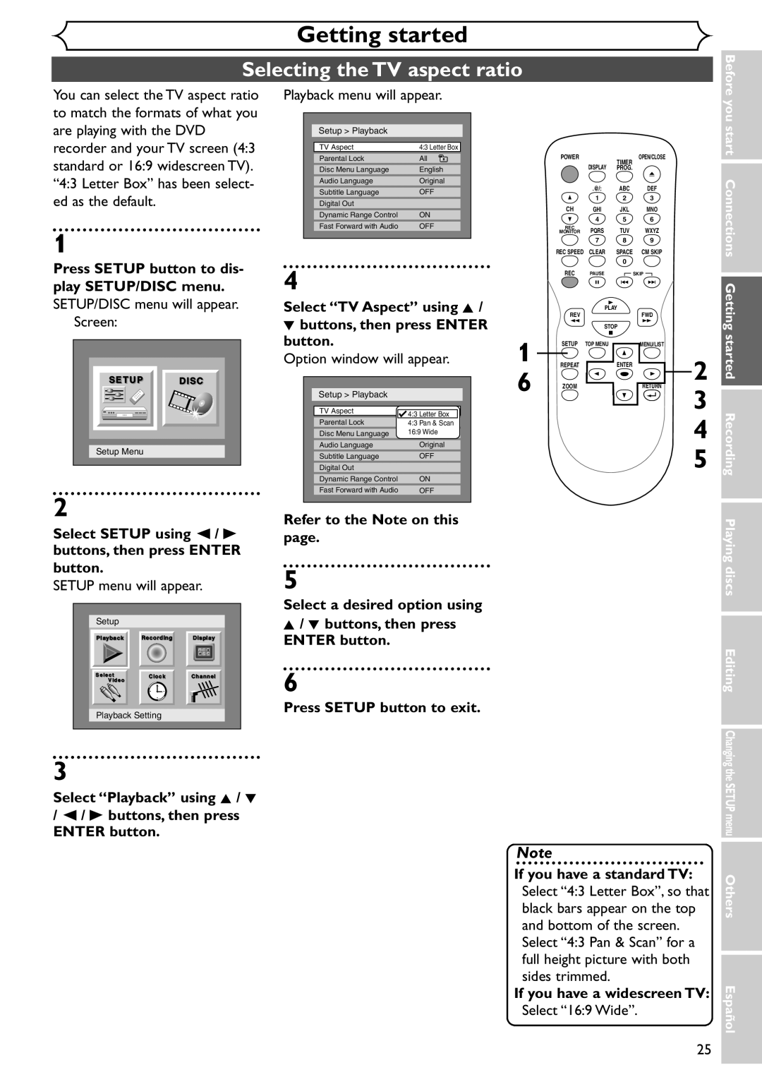 Emerson EWR10D4 owner manual Selecting the TV aspect ratio, Playback menu will appear, Select 169 Wide, Others Español 