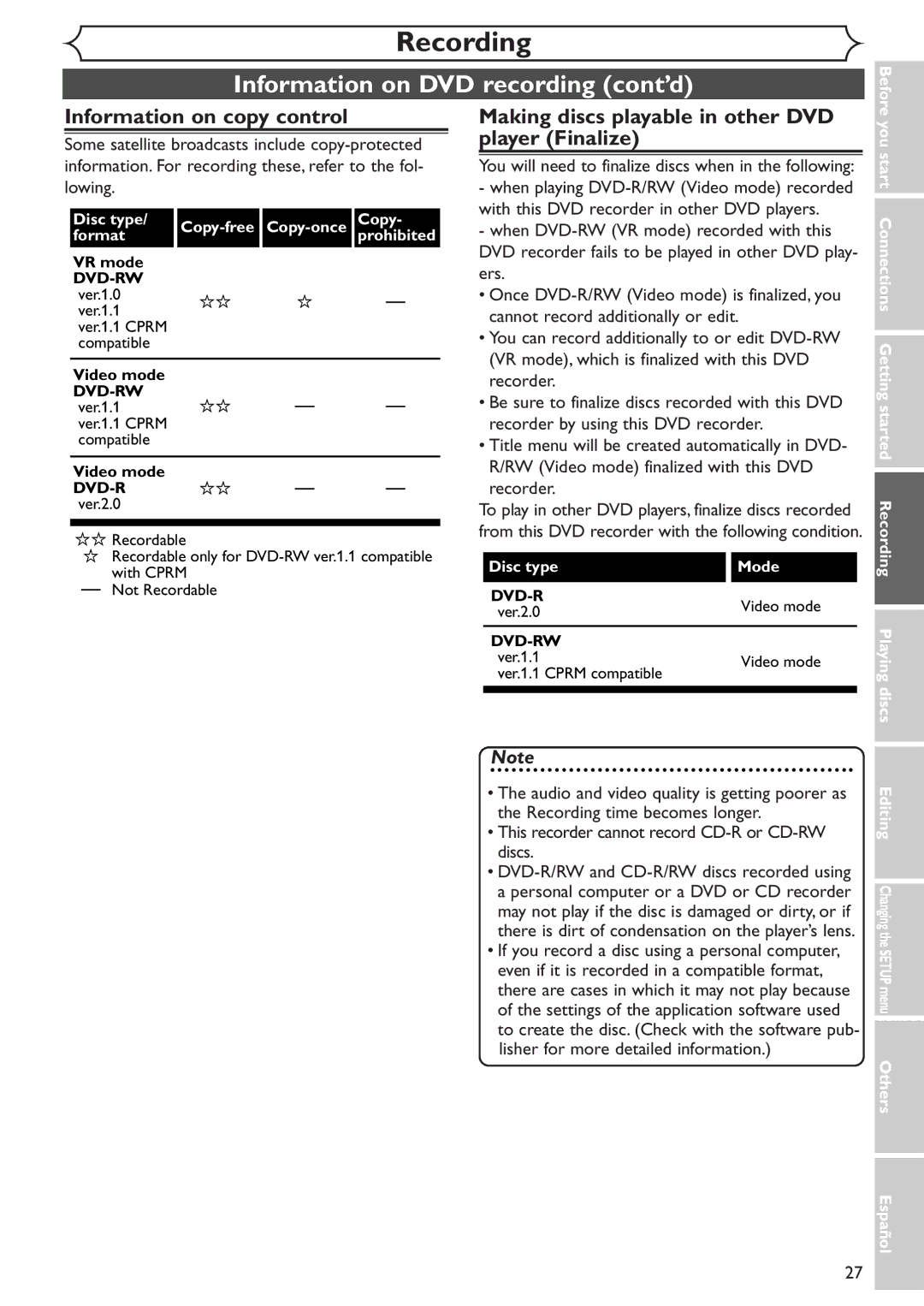 Emerson EWR10D4 owner manual Information on DVD recording cont’d, Information on copy control 