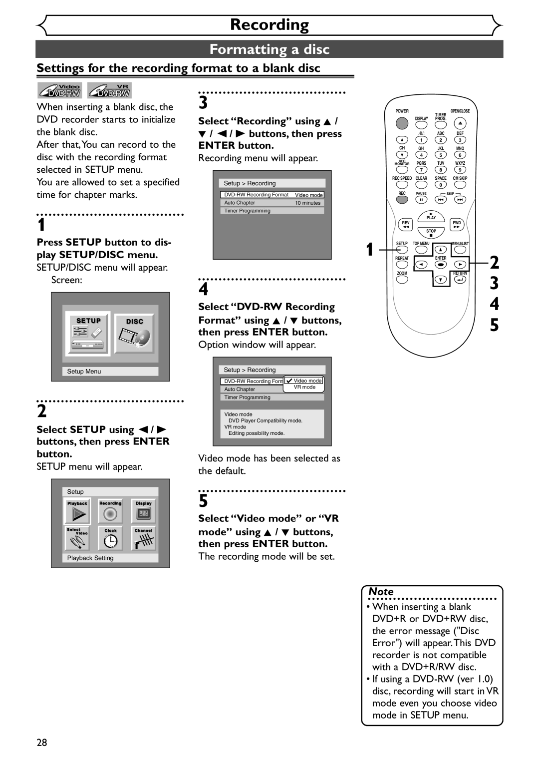 Emerson EWR10D4 Formatting a disc, Settings for the recording format to a blank disc, SETUP/DISC menu will appear Screen 