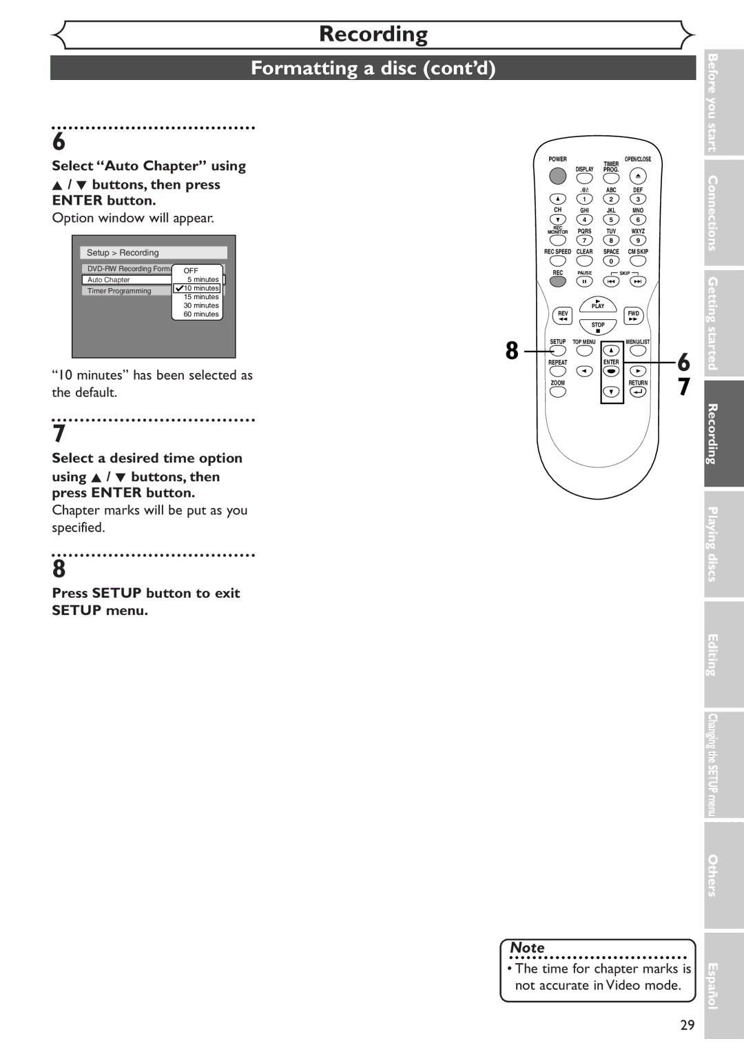 Emerson EWR10D4 owner manual Formatting a disc cont’d, Select Auto Chapter using, Enter button Option window will appear 