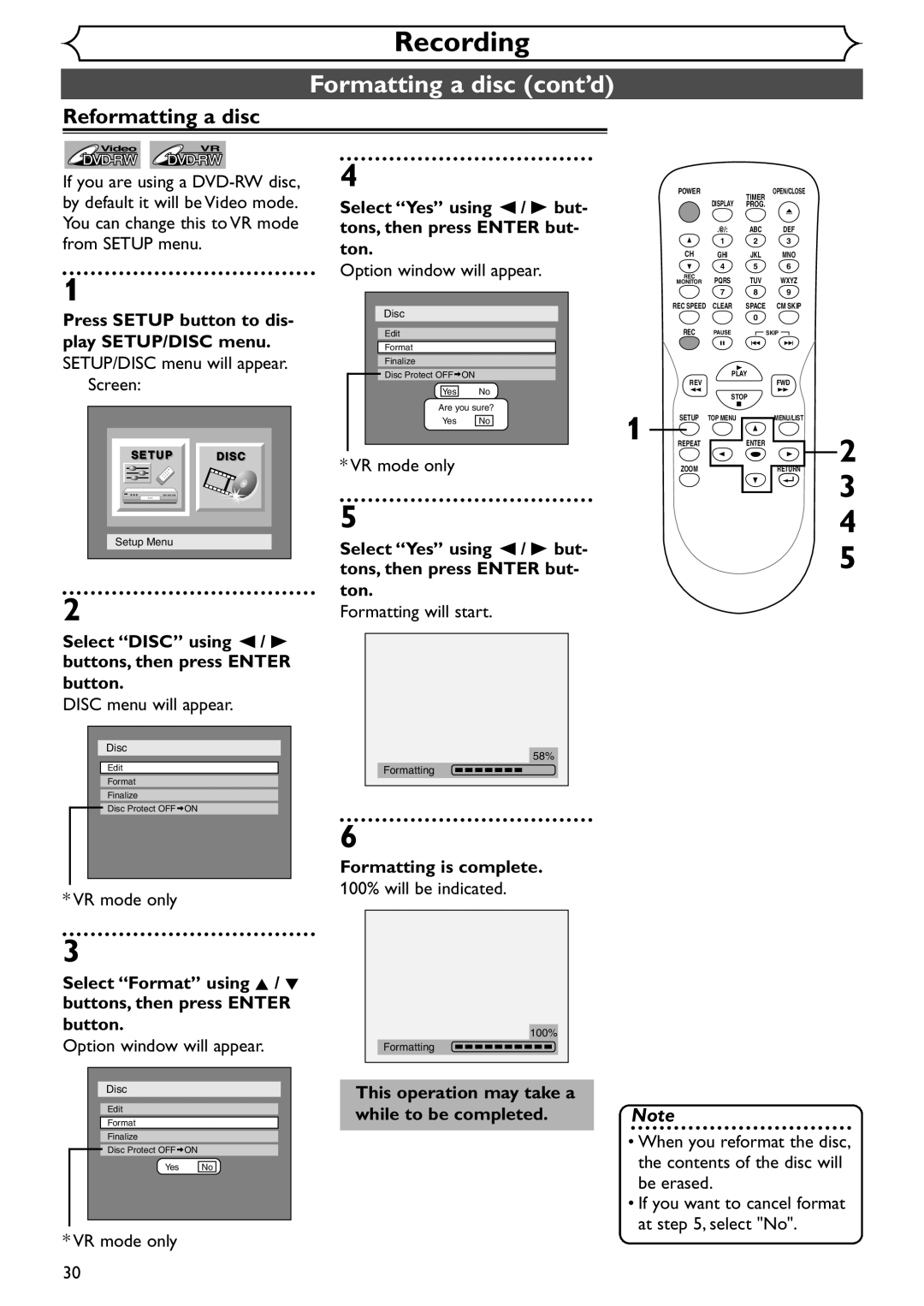 Emerson EWR10D4 owner manual Reformatting a disc 