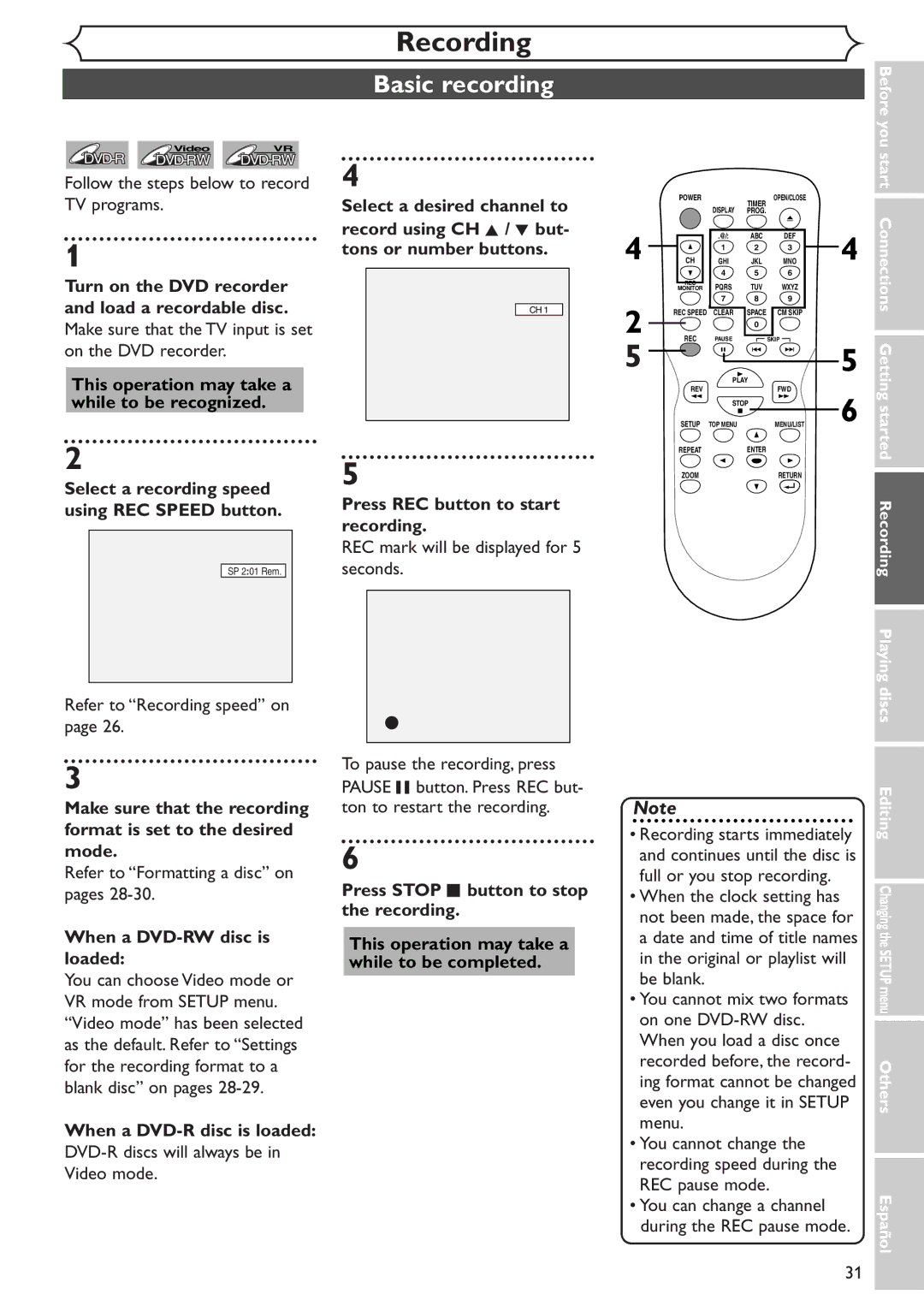 Emerson EWR10D4 owner manual Basic recording, Select a recording speed using REC Speed button, When a DVD-RW disc is loaded 