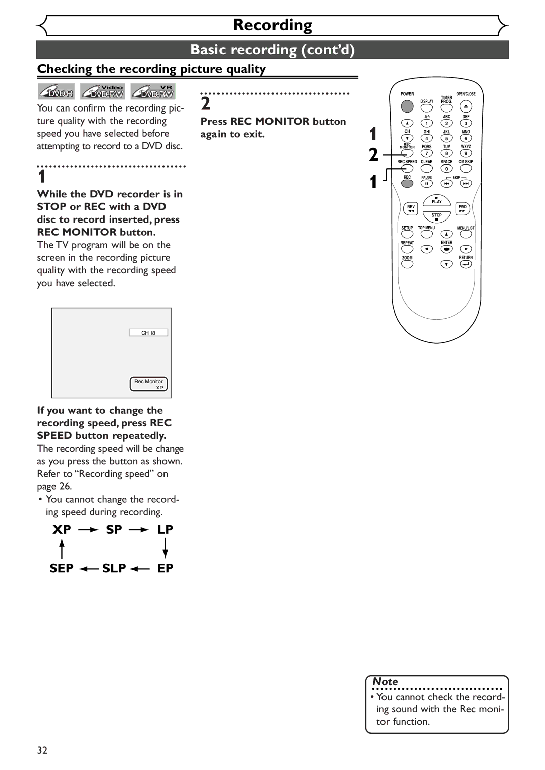 Emerson EWR10D4 owner manual Basic recording cont’d, Checking the recording picture quality, Xp Sp Lp 