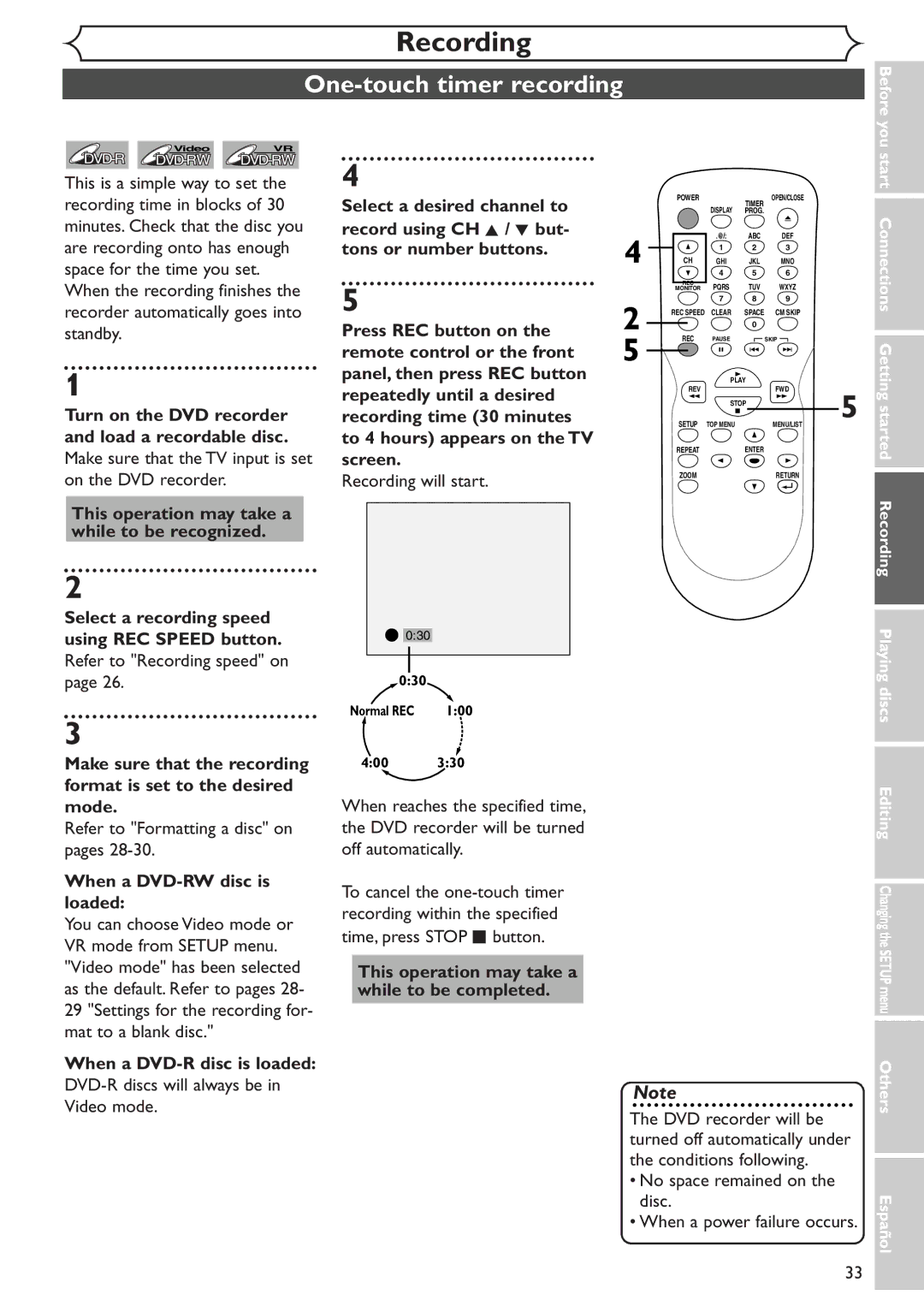 Emerson EWR10D4 One-touch timer recording, Select a desired channel to record using CH K / L but, Load a recordable disc 