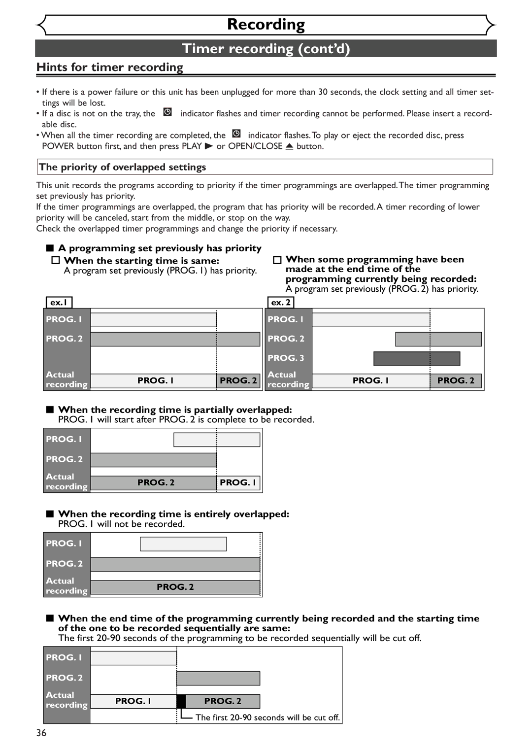 Emerson EWR10D4 owner manual Hints for timer recording, Priority of overlapped settings 