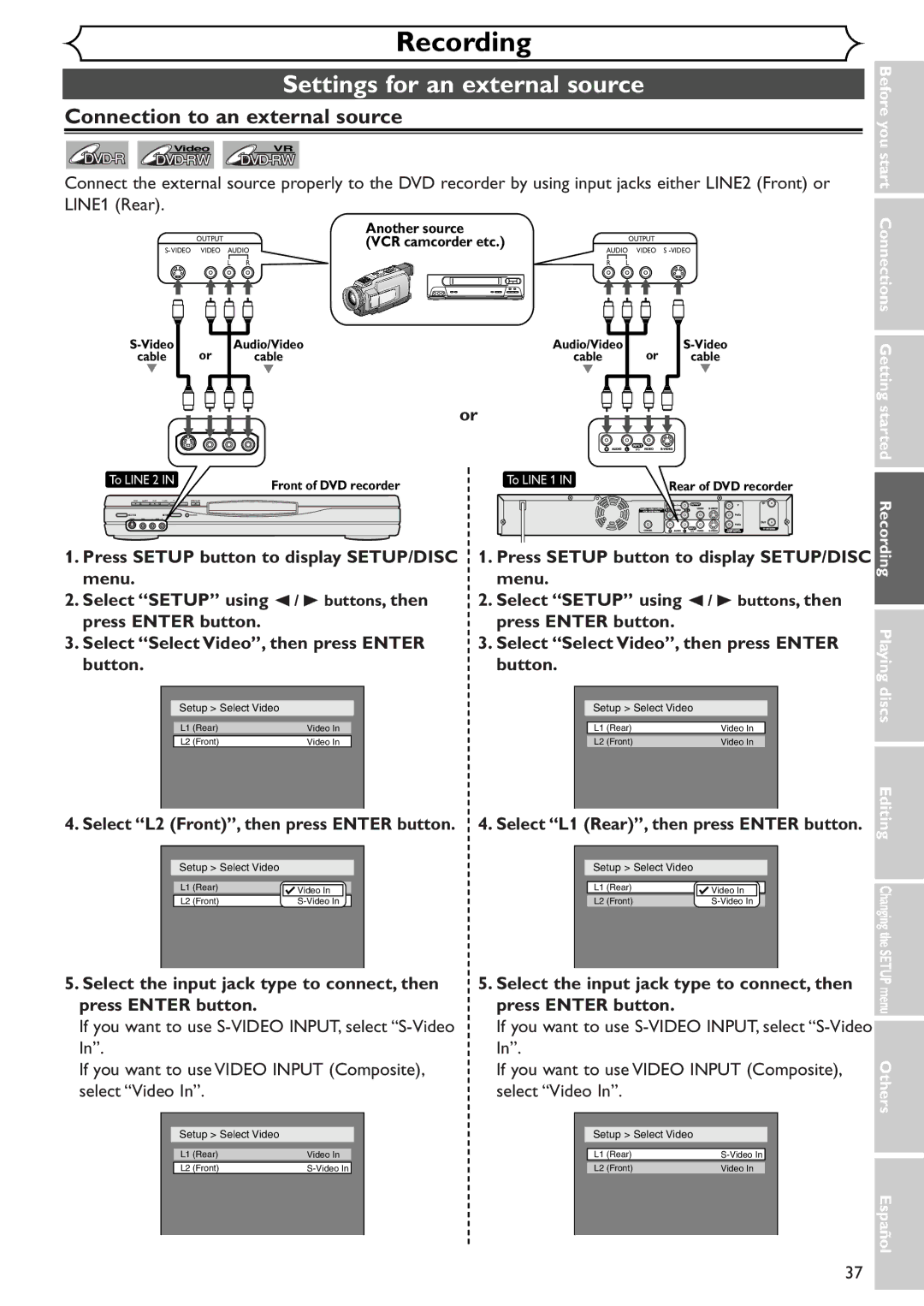 Emerson EWR10D4 Settings for an external source, Connection to an external source, Select L1 Rear, then press Enter button 